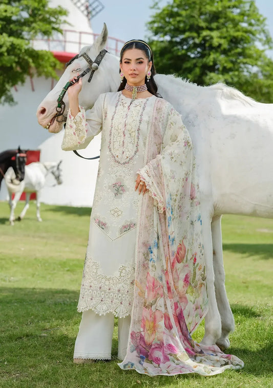 Elaf Premium | 3 Piece Unstitched Embroidered Lawn | ELH-7A WHITE EMPRESS