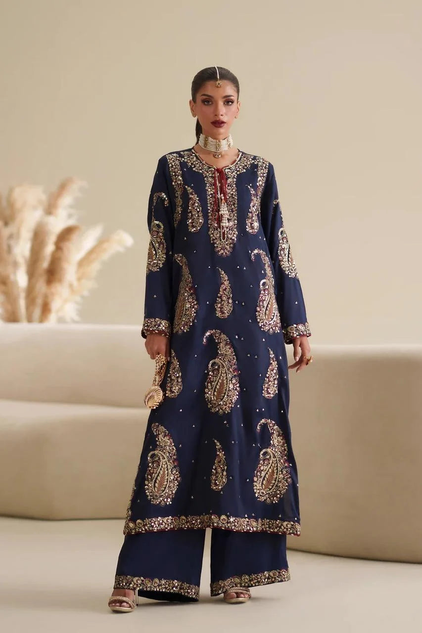 ETHNC | 3 Piece Unstitched Embroidered Tussle Silk | Navy Blue