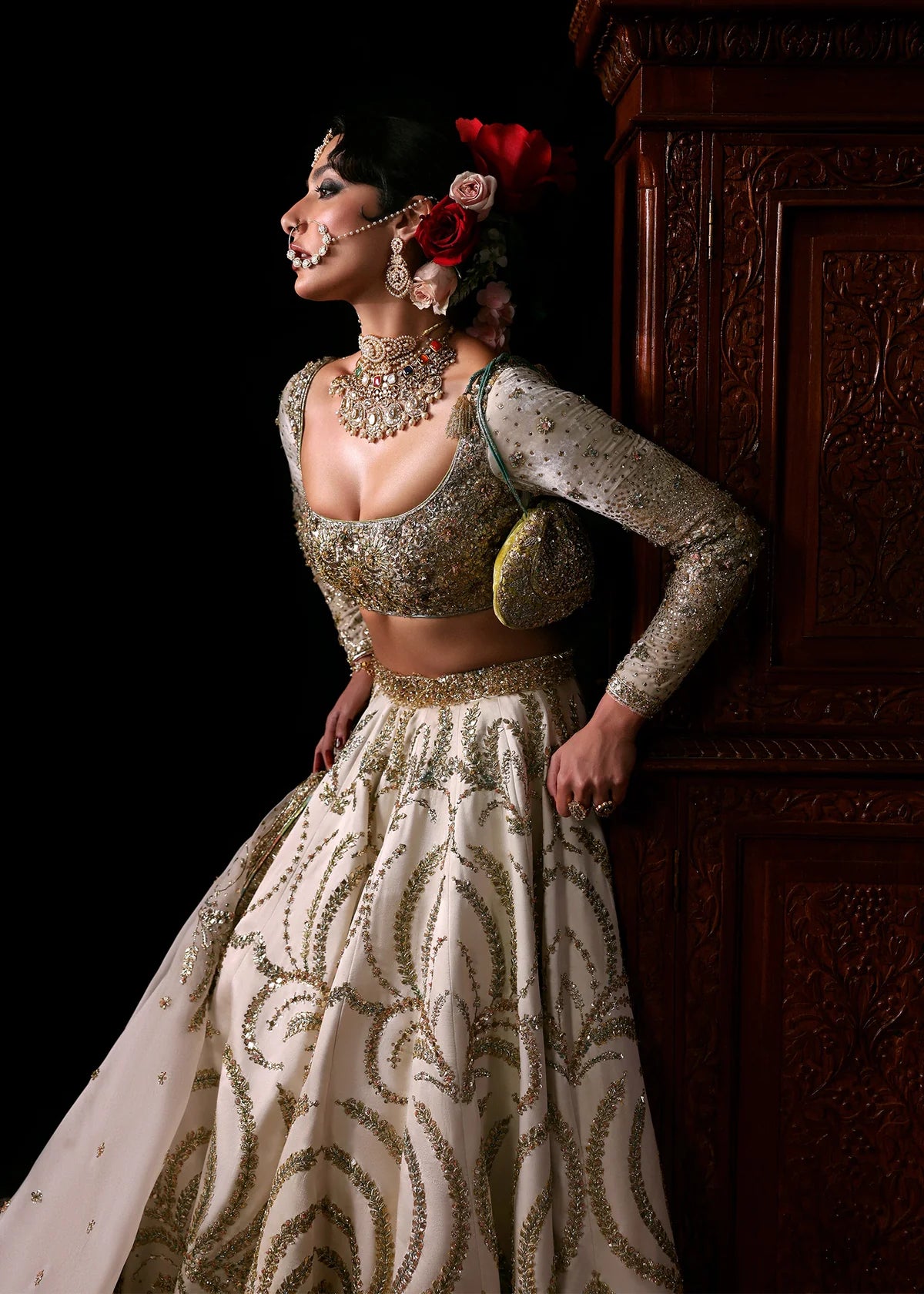 Hussain Rehar | 3 Piece Unstitched Embroidered Satin Lehenga | Chamkeli