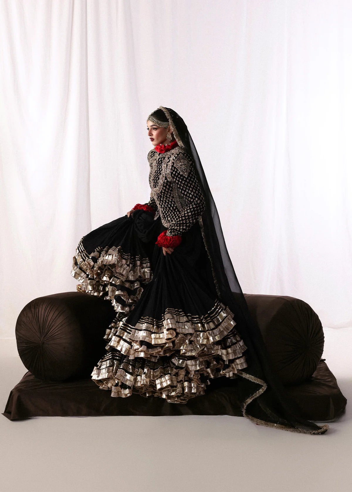 Hussain Rehar | 3 Piece Unstitched Embroidered Chandheri Tussle Silk Lehenga | Siyah