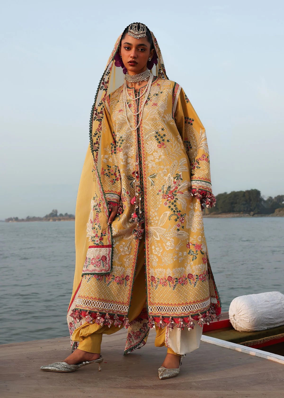 Hussain Rehar | 3 Piece Unstitched Embroidered Lawn | Ochre