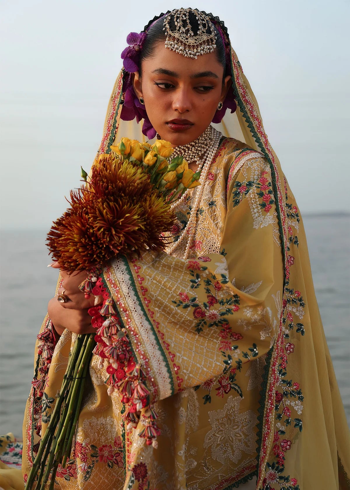 Hussain Rehar | 3 Piece Unstitched Embroidered Lawn | Ochre