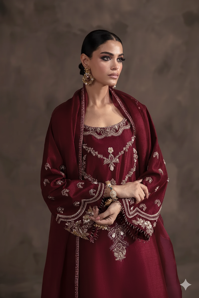 Abeera Usman | 3 Piece Unstitched Embroidered Raw Silk | Irina Maroon