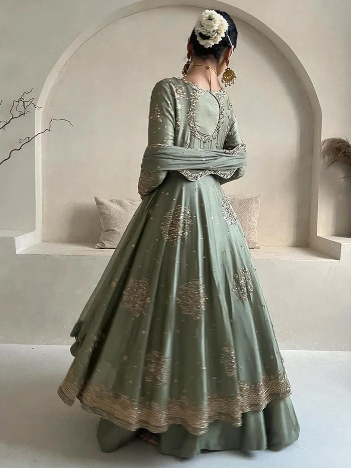 Aisha Naheed | 3 Piece Unstitched Embroidered Raw Silk Maxi | Pistachio Maxi