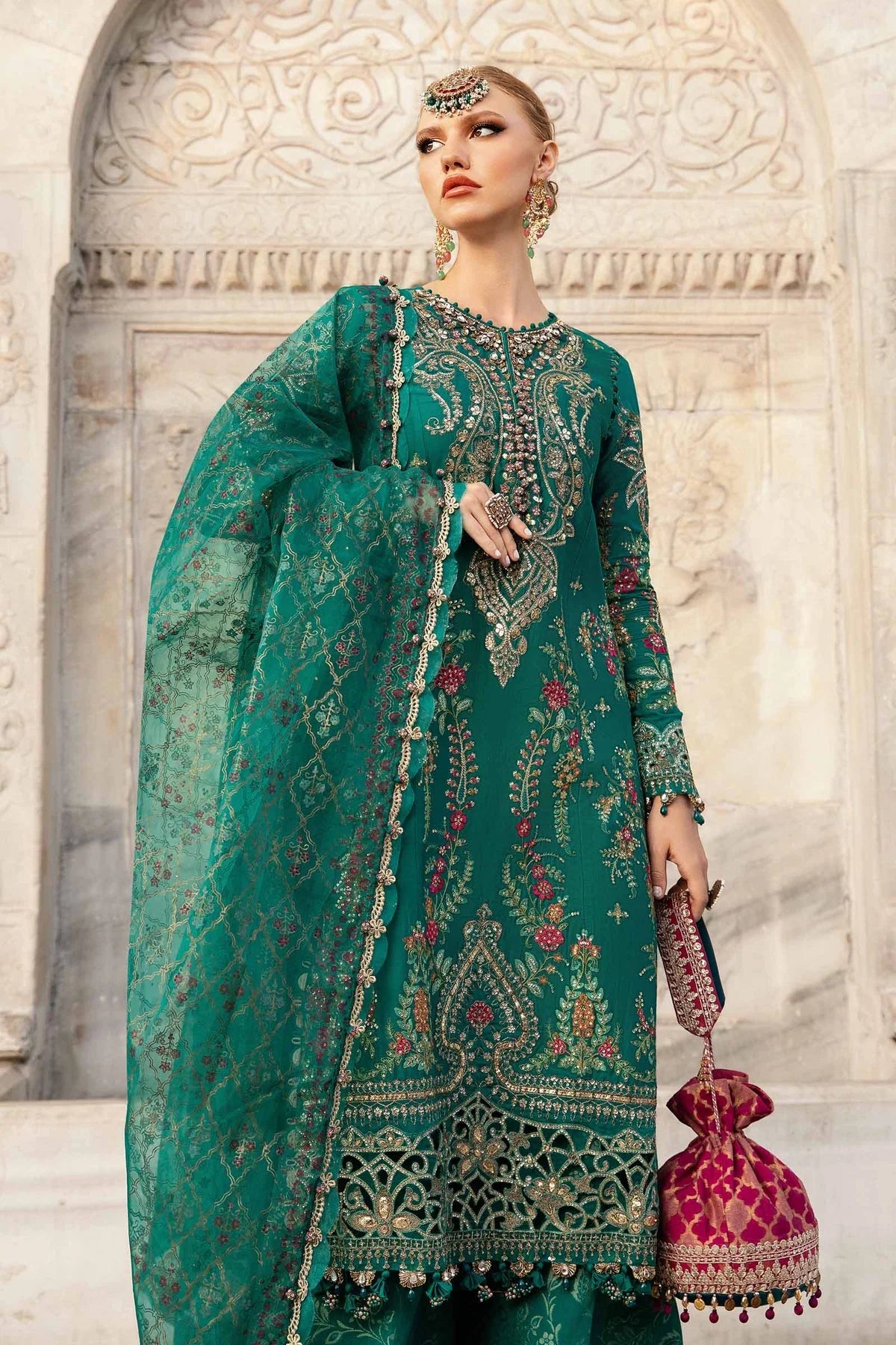 Maria B | 3 Piece Unstitched Embroidered Cotton Satin | CST-805-Deep Ferozi