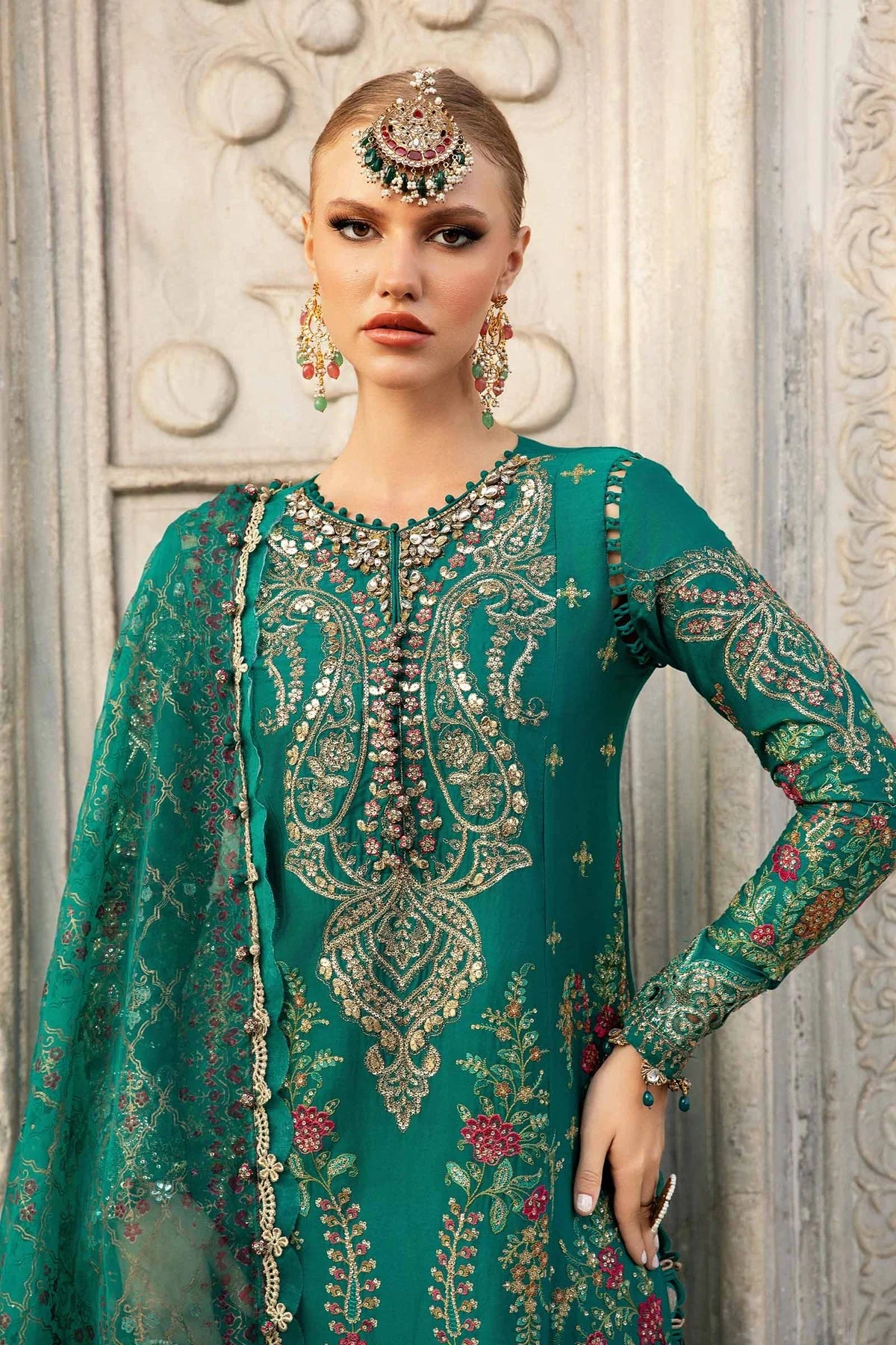Maria B | 3 Piece Unstitched Embroidered Cotton Satin | CST-805-Deep Ferozi