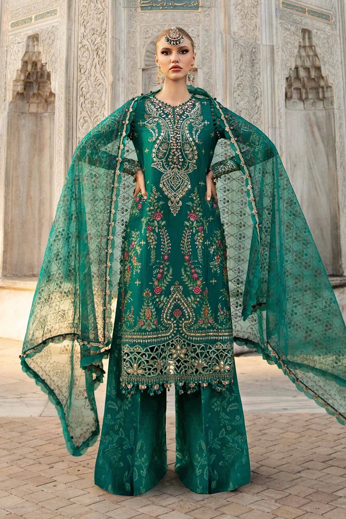 Maria B | 3 Piece Unstitched Embroidered Cotton Satin | CST-805-Deep Ferozi