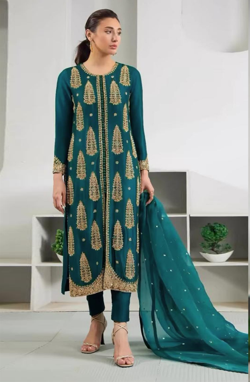 Fahad Hussayn | 3 Piece Unstitched Embroidered Raw Silk | Emerald