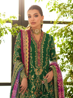 Minha Hassan | 3 Piece Unstitched Embroidered Tussle Silk Lehenga | MHC-1129
