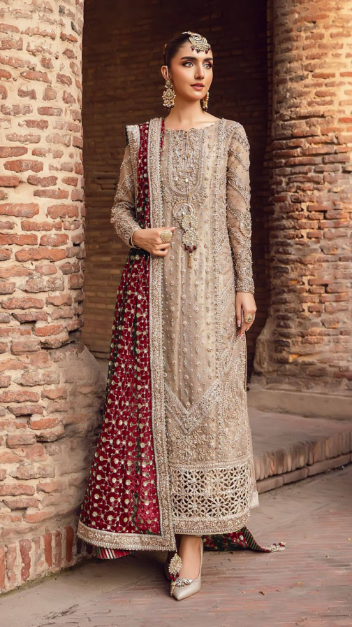 Maria B. | 3 Piece Unstitched Embroidered Couture | Widad  - Mahroon Dupatta
