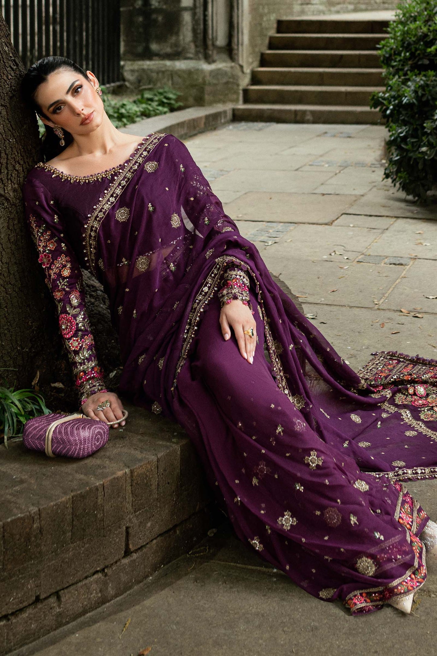 Maria B. | Unstitched Embroidered Chiffon Saree | WF-09-01-Purple