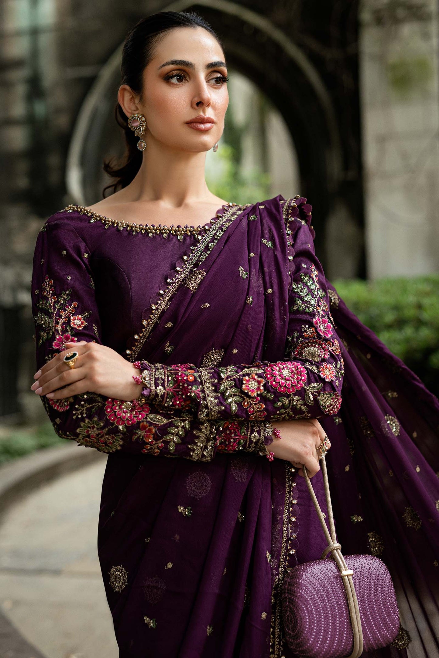 Maria B. | Unstitched Embroidered Chiffon Saree | WF-09-01-Purple