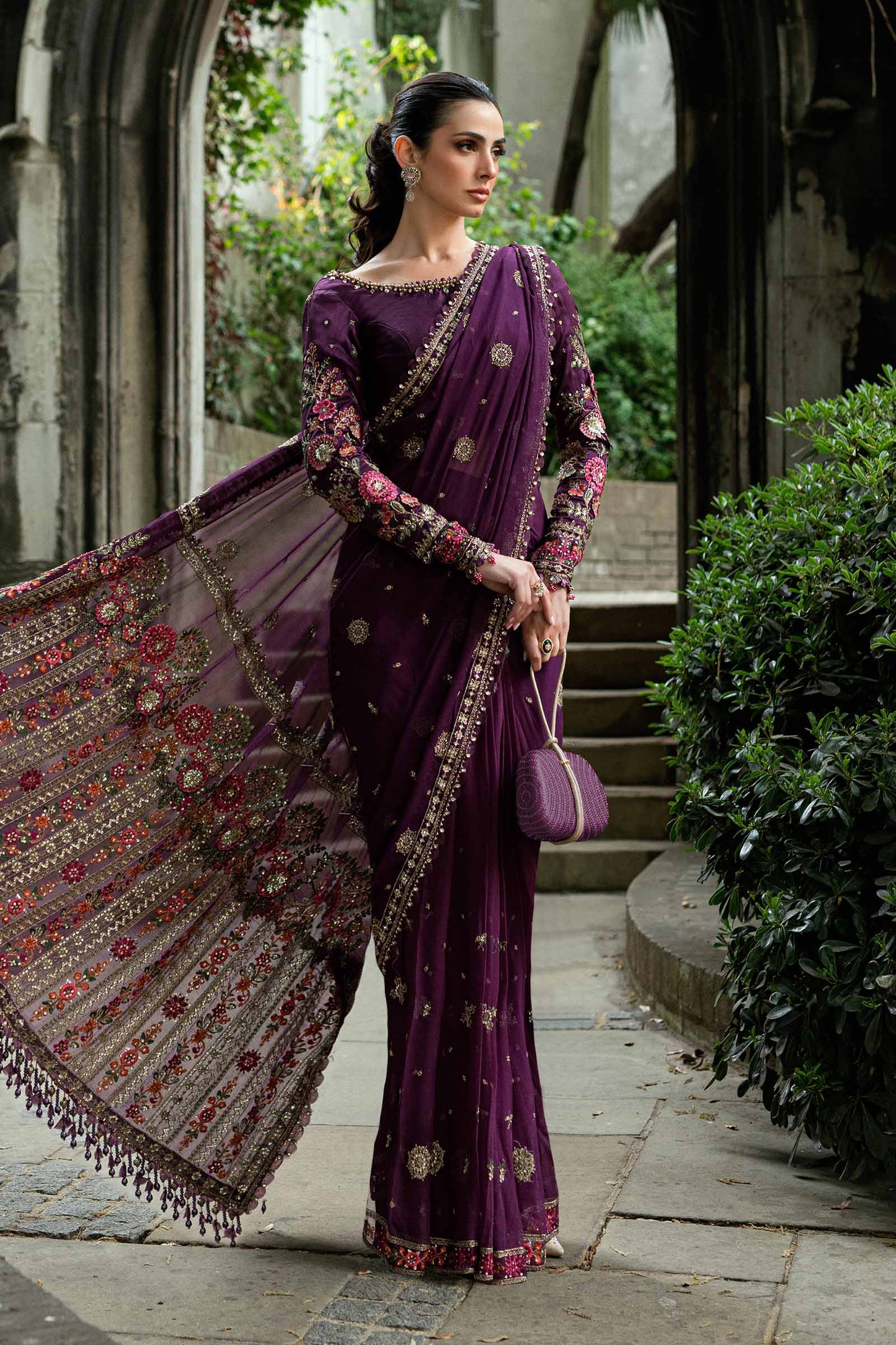 Maria B. | Unstitched Embroidered Chiffon Saree | WF-09-01-Purple