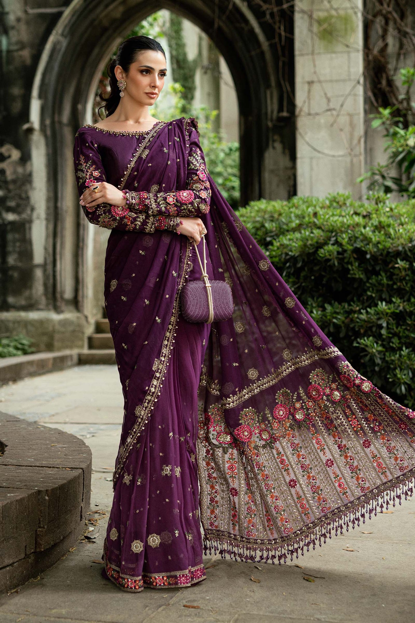 Maria B. | Unstitched Embroidered Chiffon Saree | WF-09-01-Purple