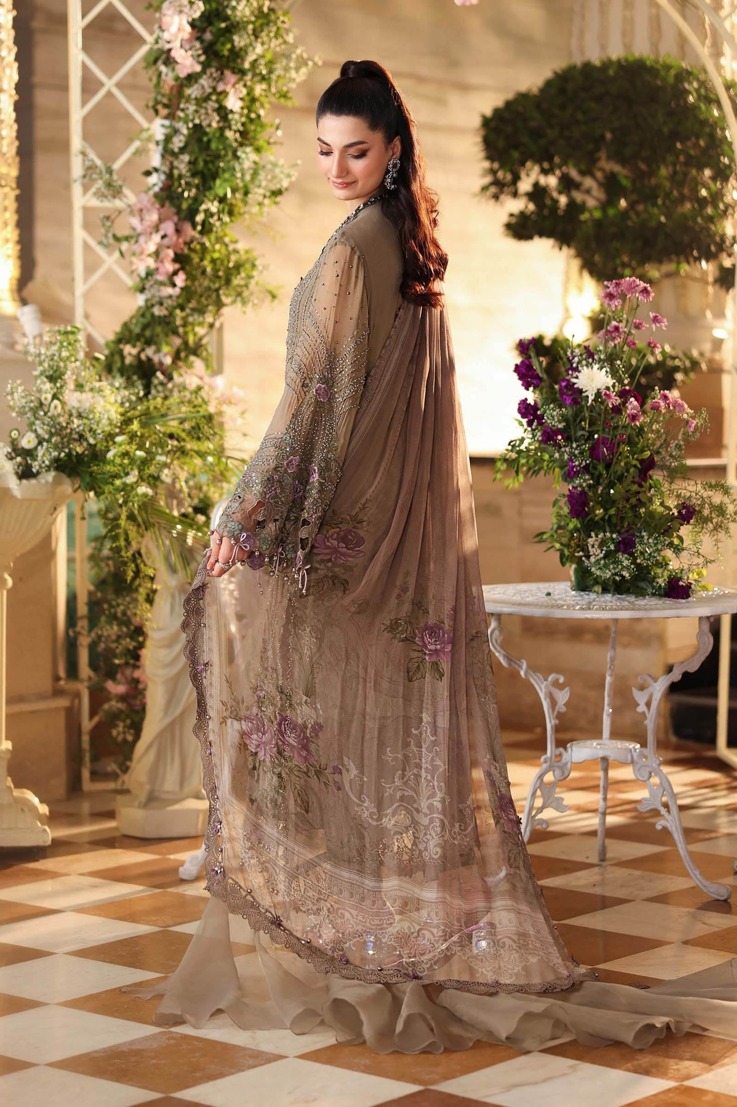 Maria B. | 3 Piece Embroidered Chiffon Suit | MPC-26-102-Muted Mocha Brown