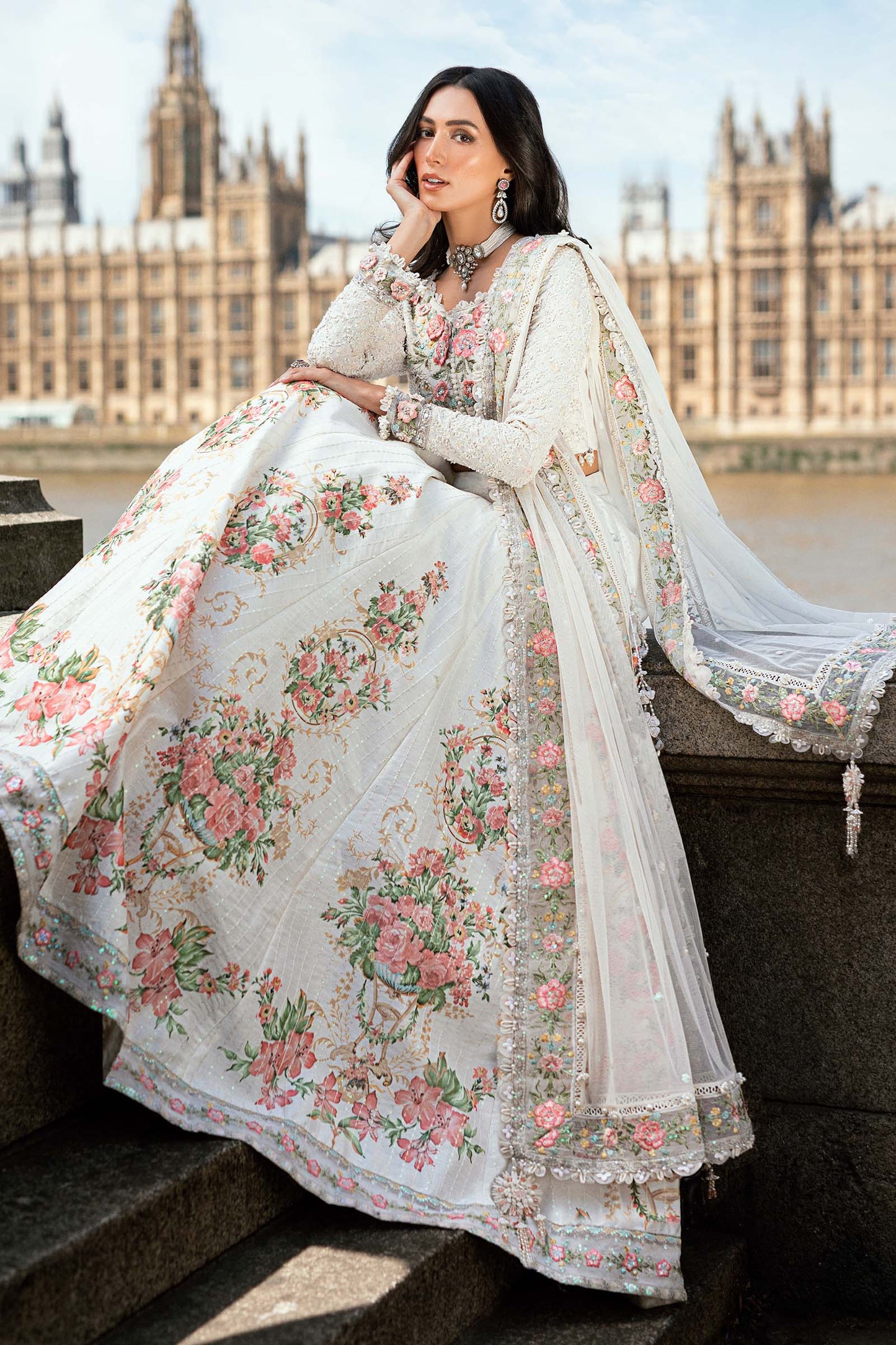 Maria B. | 3 Piece Unstitched Embroidered White Frock Raw Silk | WF-09-02-White