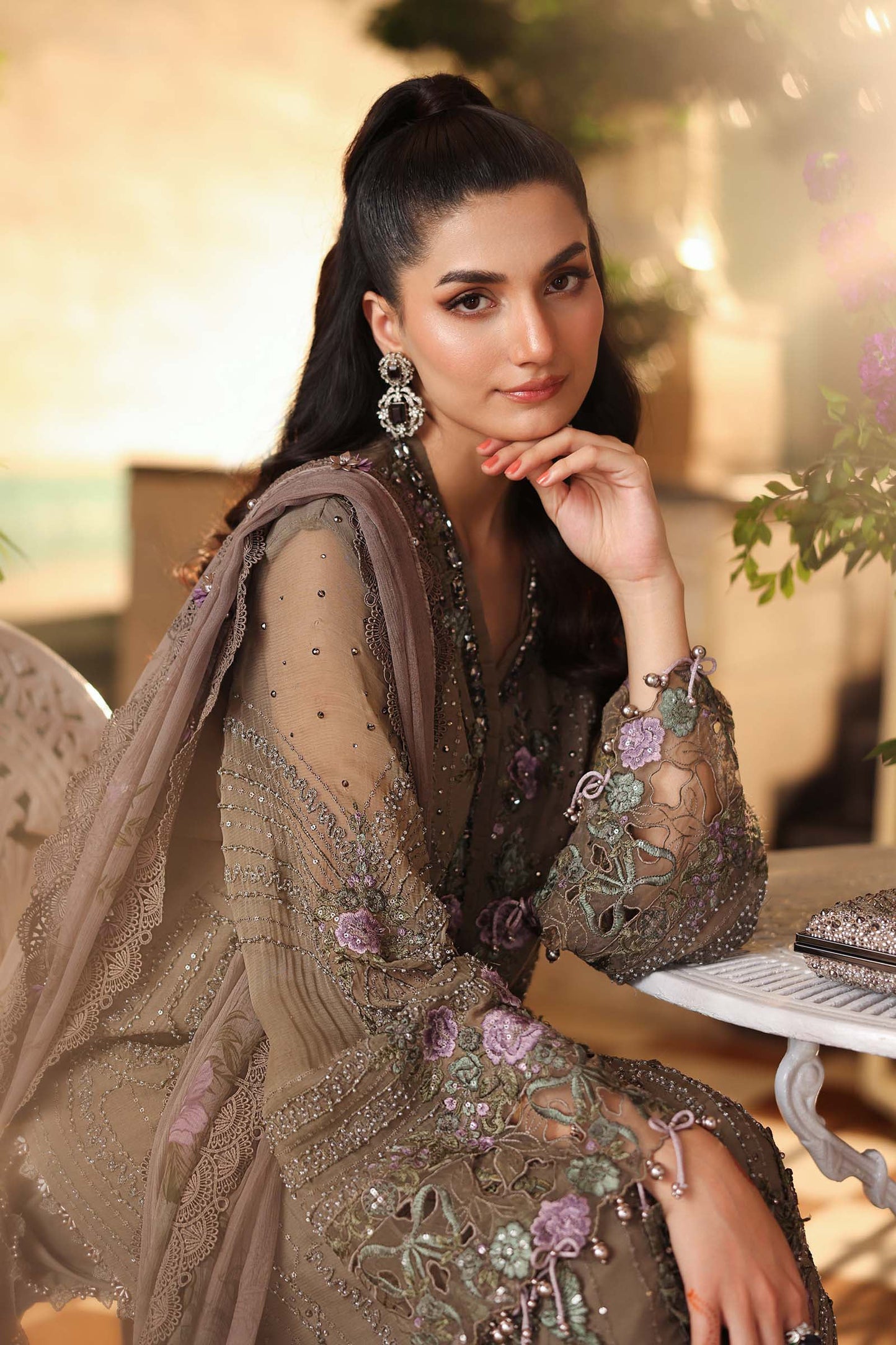 Maria B. | 3 Piece Embroidered Chiffon Suit | MPC-26-102-Muted Mocha Brown