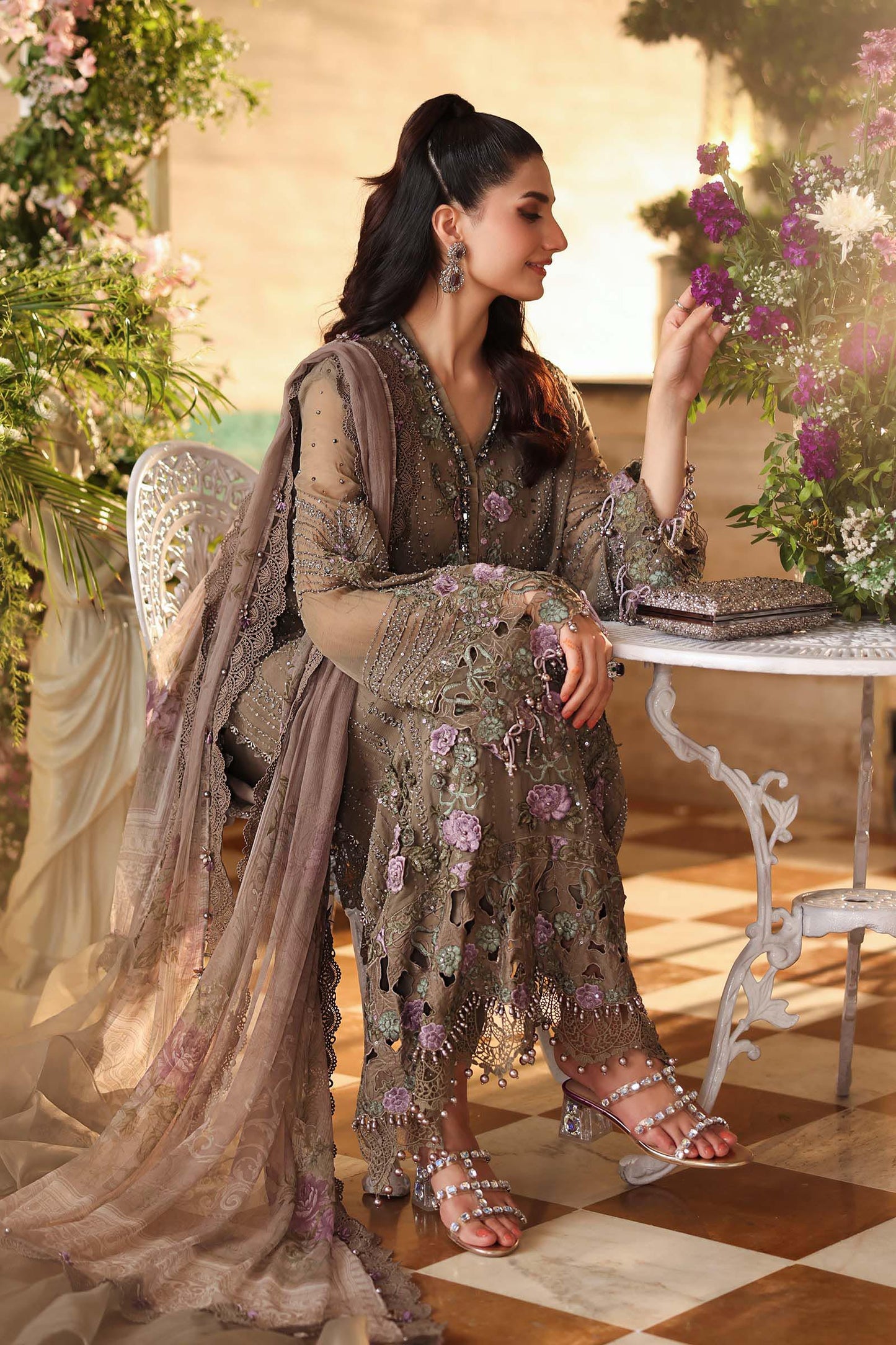 Maria B. | 3 Piece Embroidered Chiffon Suit | MPC-26-102-Muted Mocha Brown