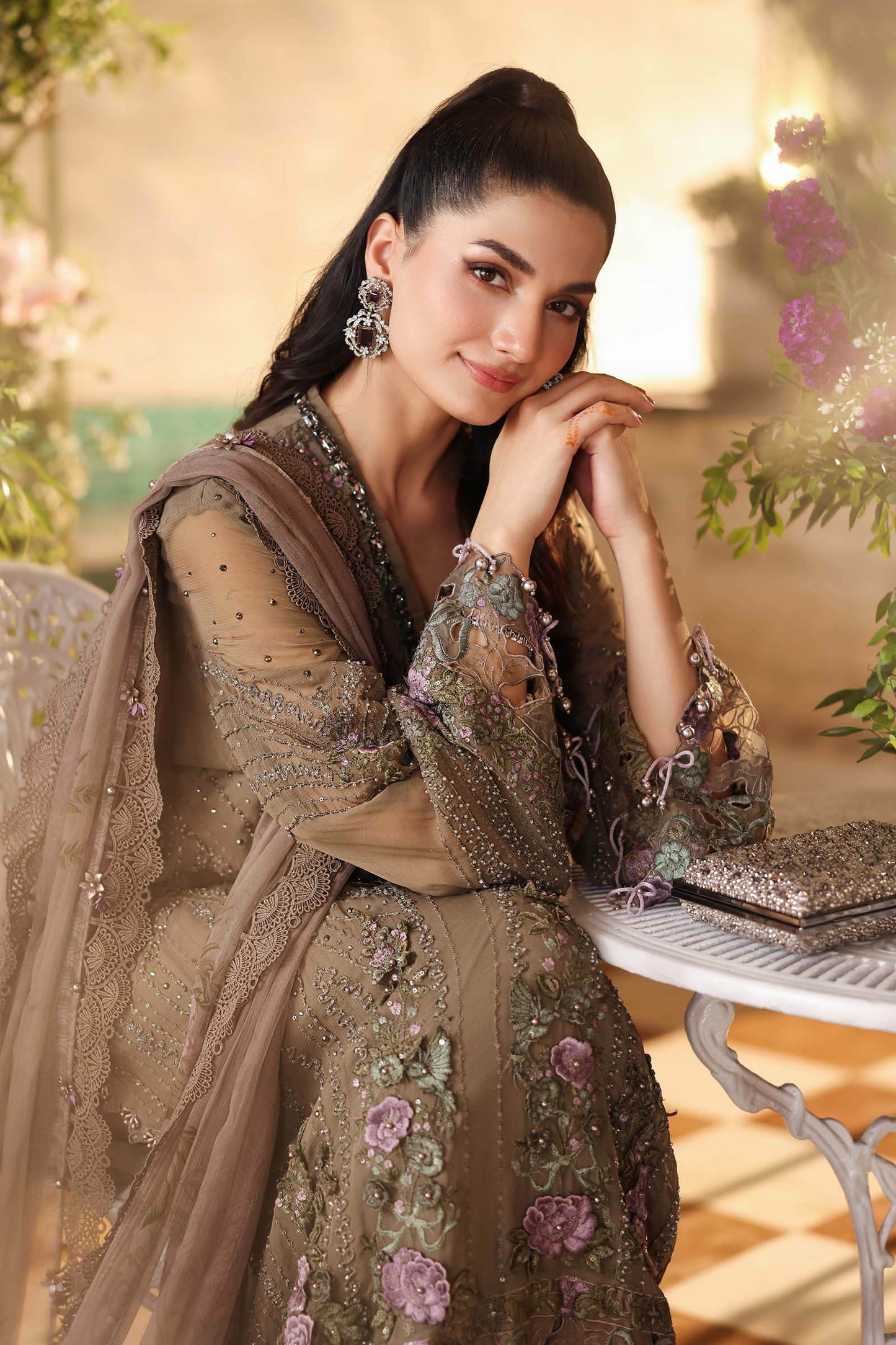 Maria B. | 3 Piece Embroidered Chiffon Suit | MPC-26-102-Muted Mocha Brown