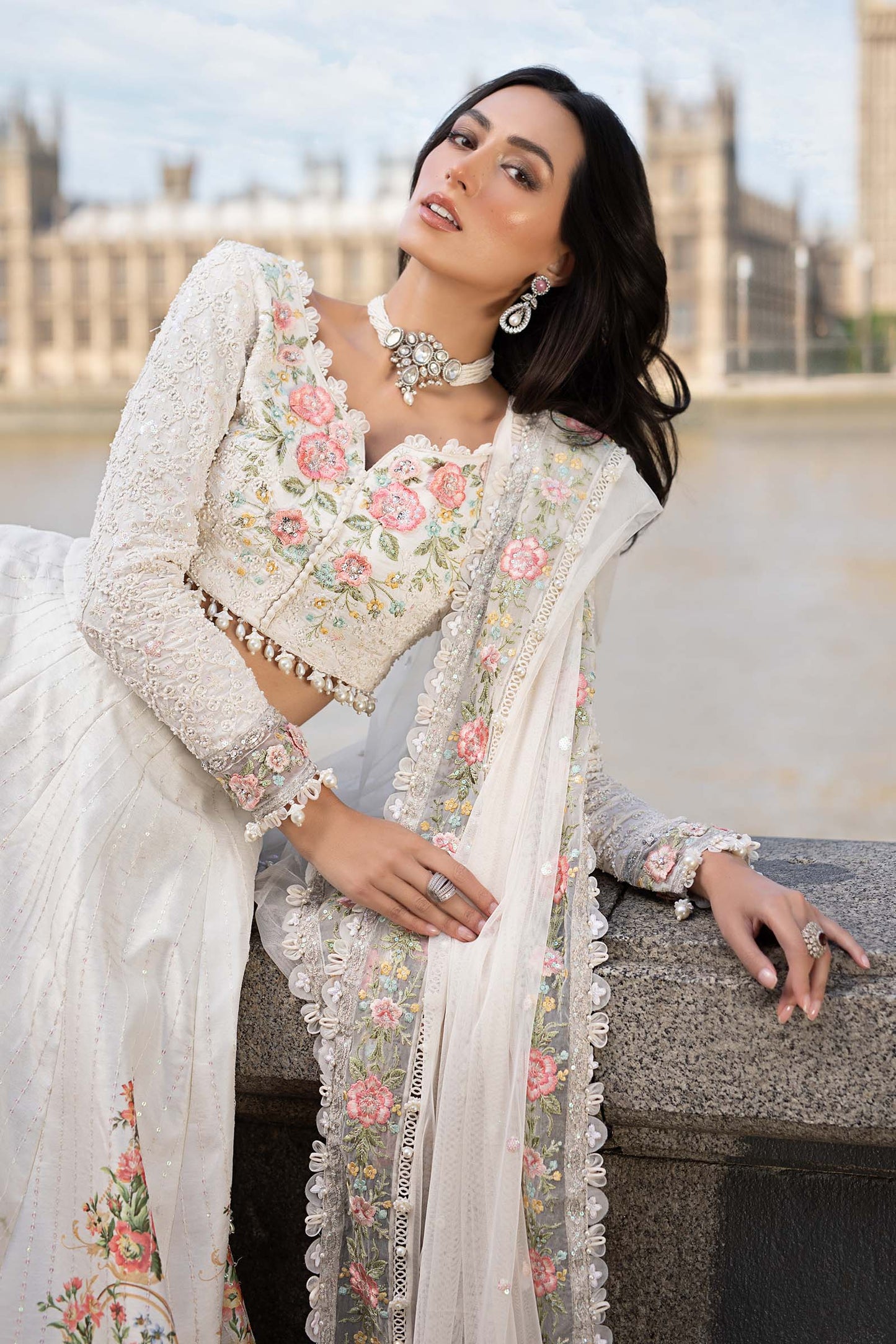 Maria B. | 3 Piece Unstitched Embroidered White Frock Raw Silk | WF-09-02-White