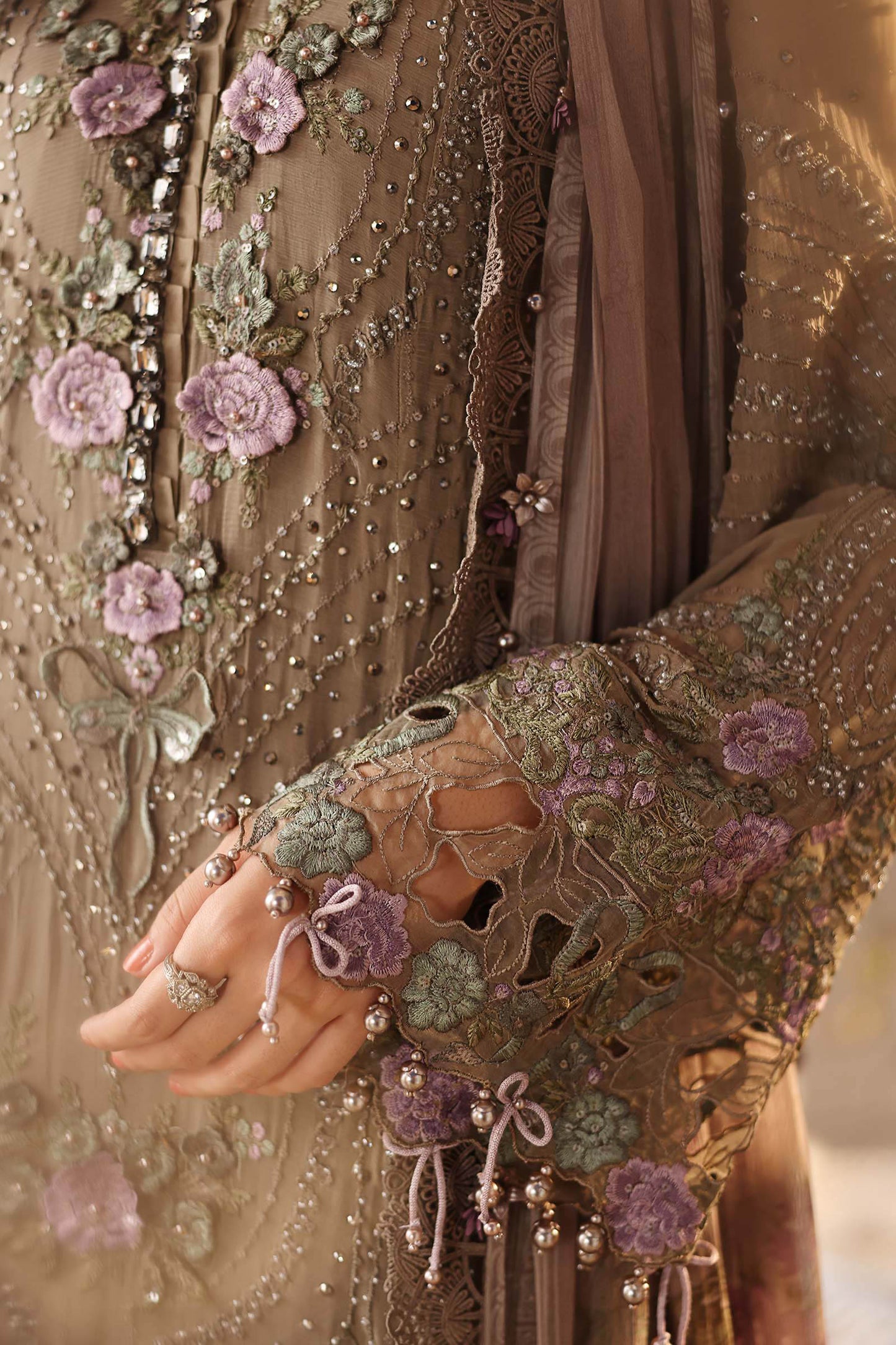 Maria B. | 3 Piece Embroidered Chiffon Suit | MPC-26-102-Muted Mocha Brown