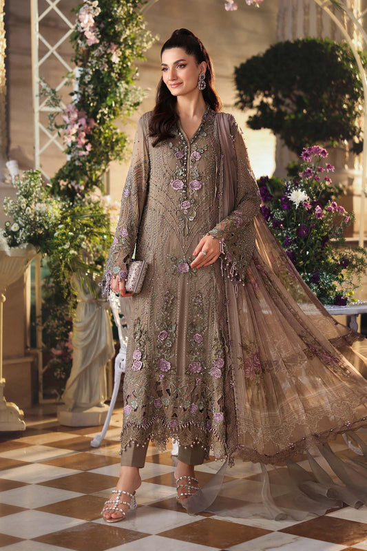 Maria B. | 3 Piece Embroidered Chiffon Suit | MPC-26-102-Muted Mocha Brown