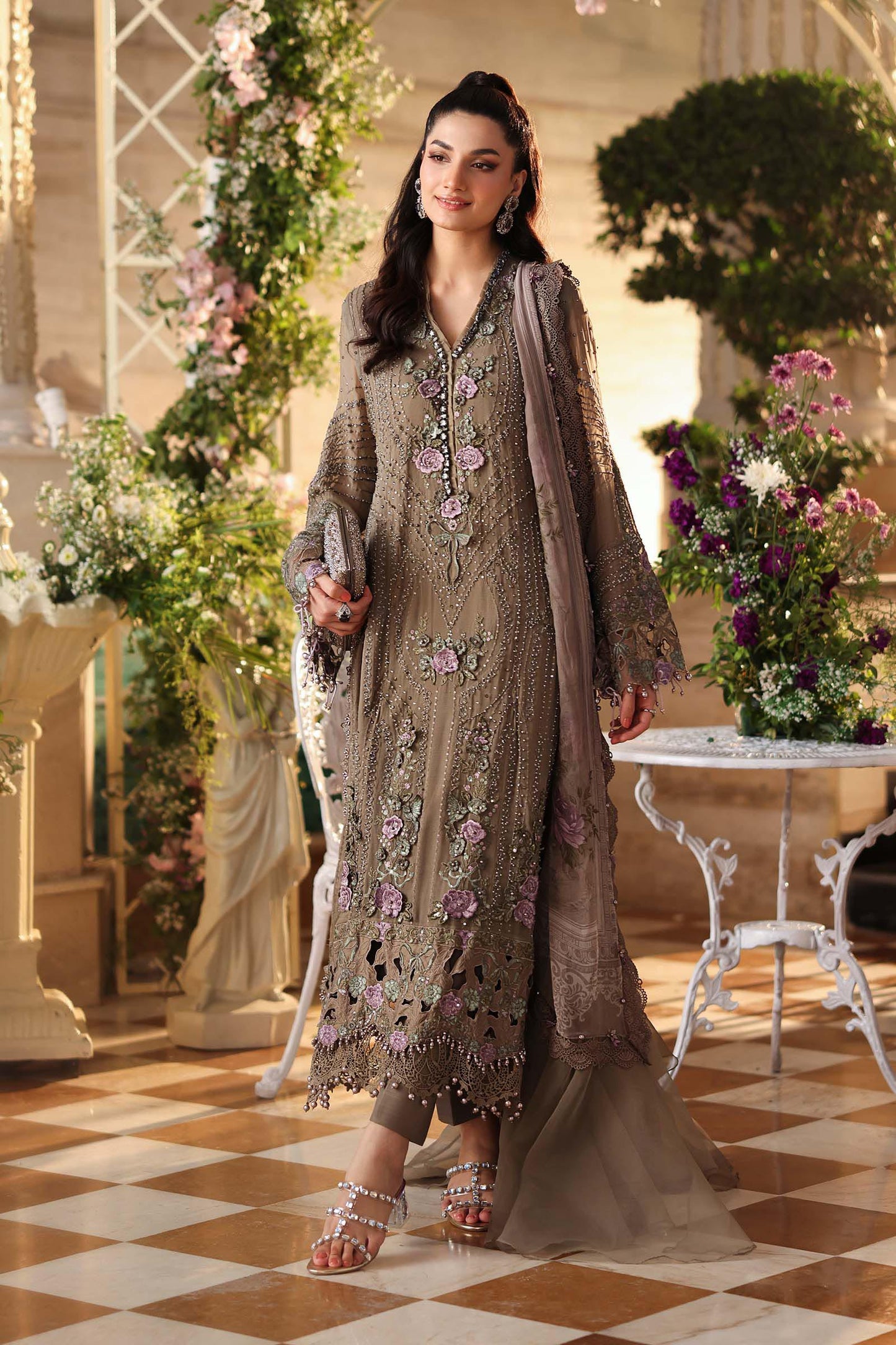 Maria B. | 3 Piece Embroidered Chiffon Suit | MPC-26-102-Muted Mocha Brown