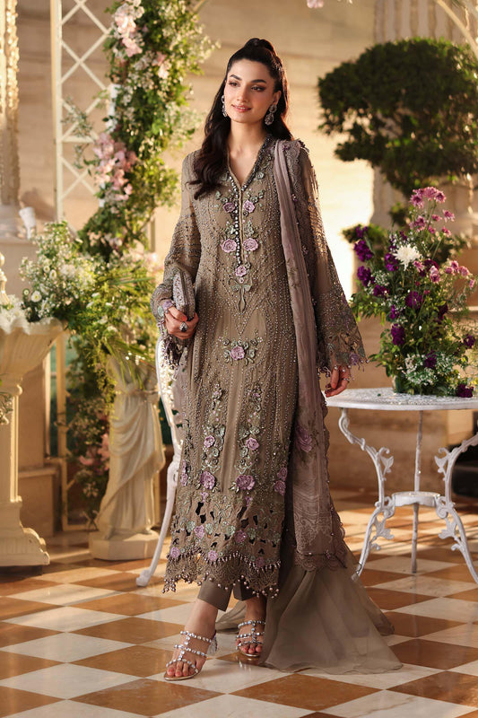Maria B. | 3 Piece Embroidered Chiffon Suit | MPC-26-102-Muted Mocha Brown