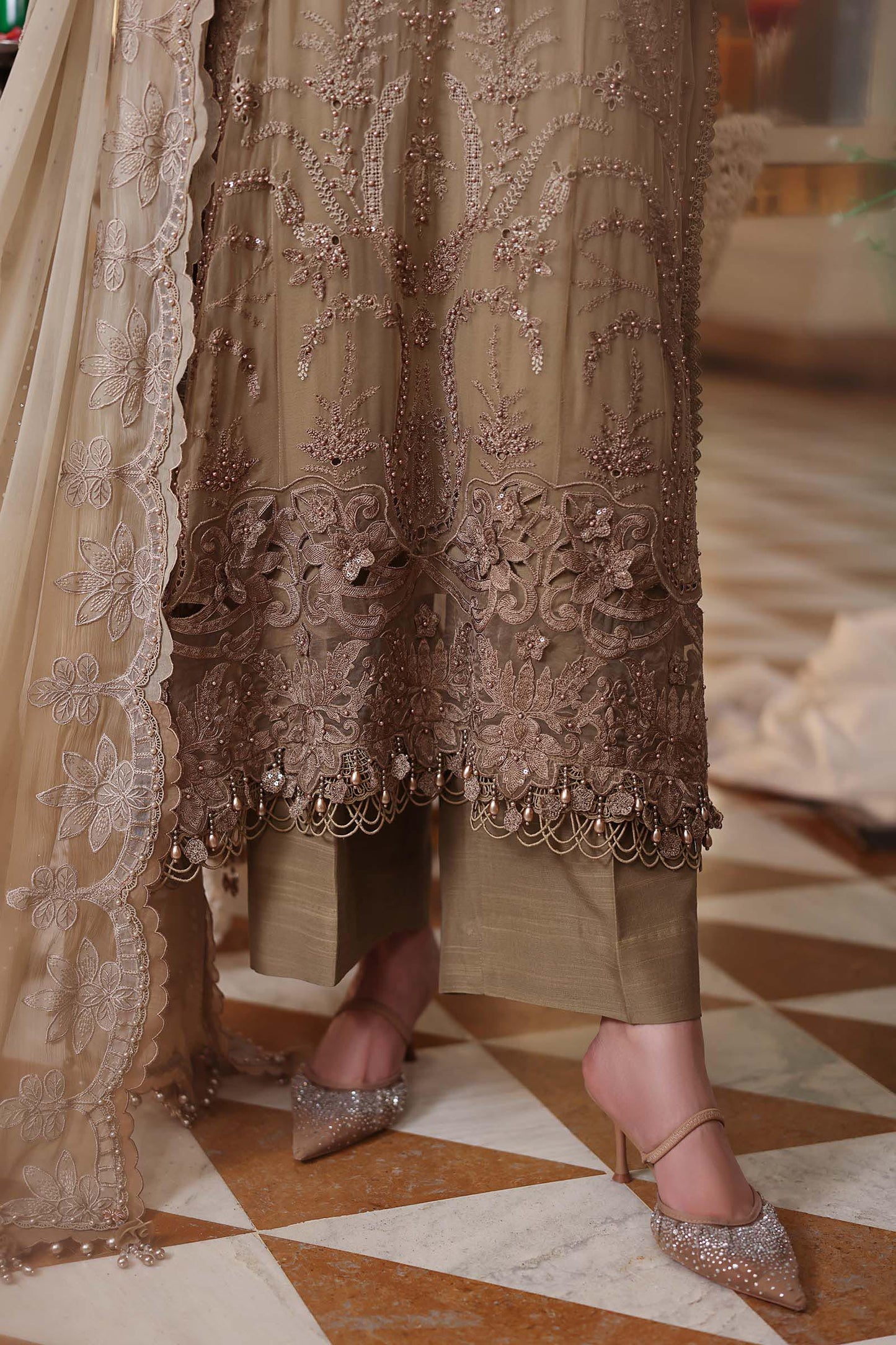 Maria B. | 3 Piece Unstitched Embroidered Chiffon Suit | MPC-26-103-Olive Gold