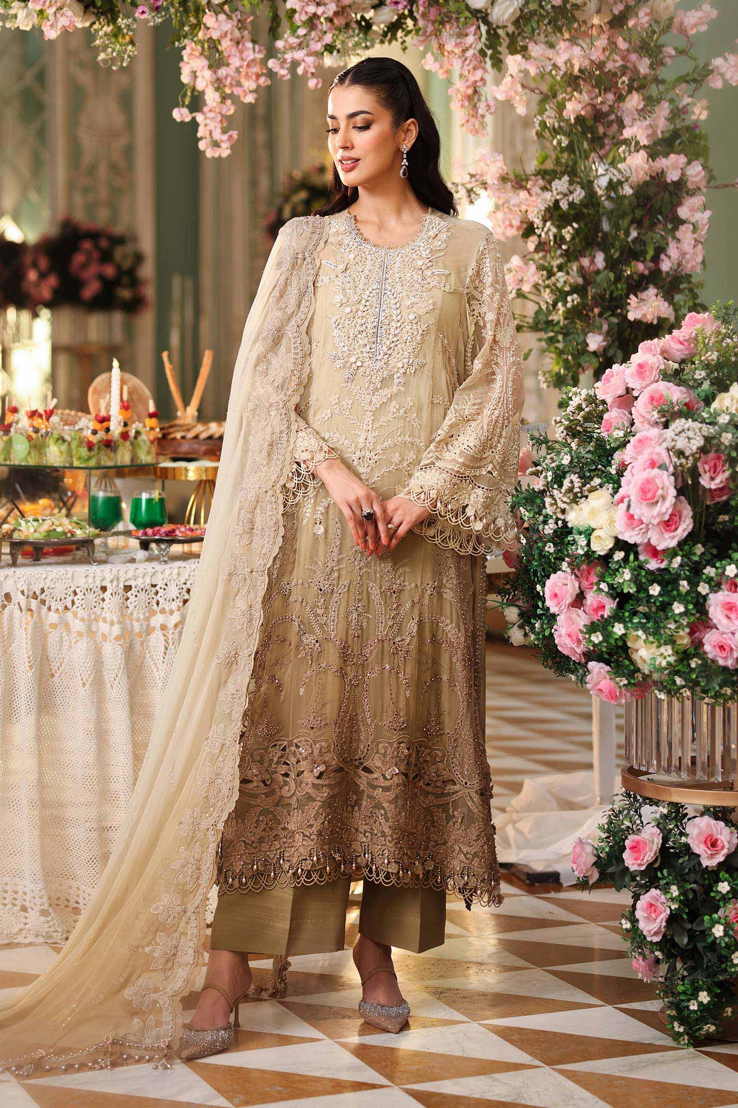Maria B. | 3 Piece Unstitched Embroidered Chiffon Suit | MPC-26-103-Olive Gold