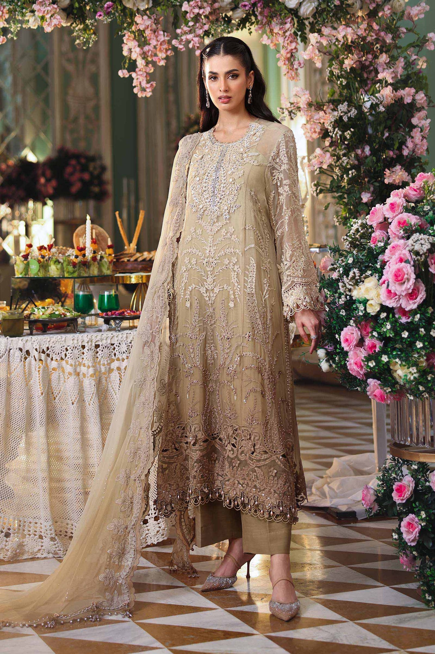 Maria B. | 3 Piece Unstitched Embroidered Chiffon Suit | MPC-26-103-Olive Gold