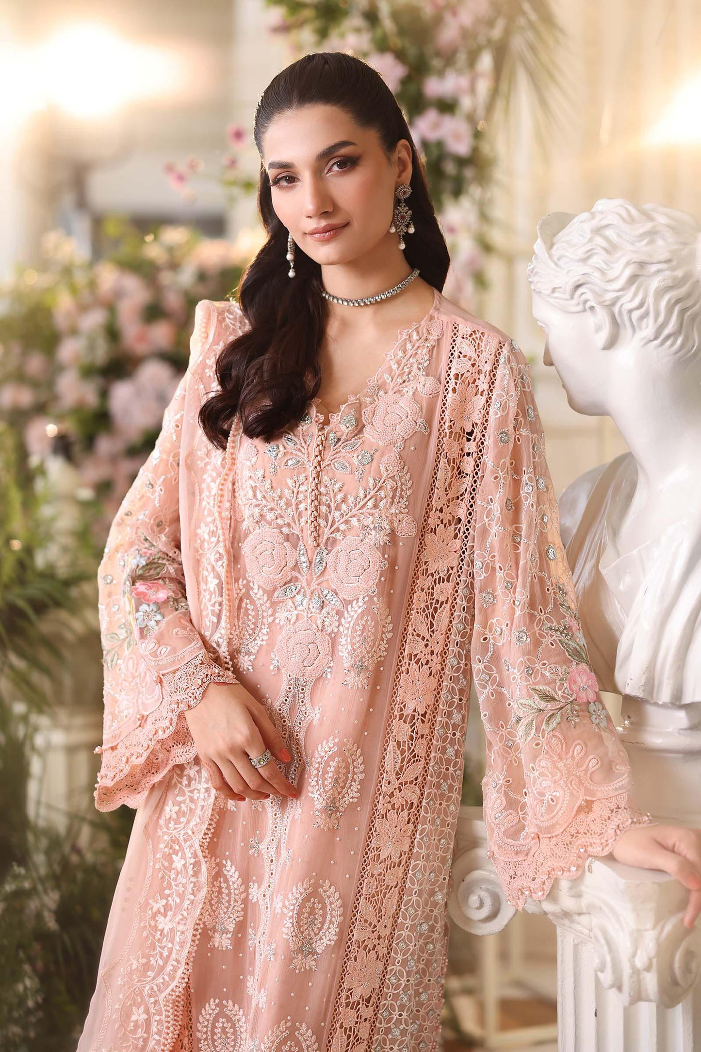 Maria B. | 3 Piece Unstitched Embroidered Chiffon | MPC-26-104-Peach Pink