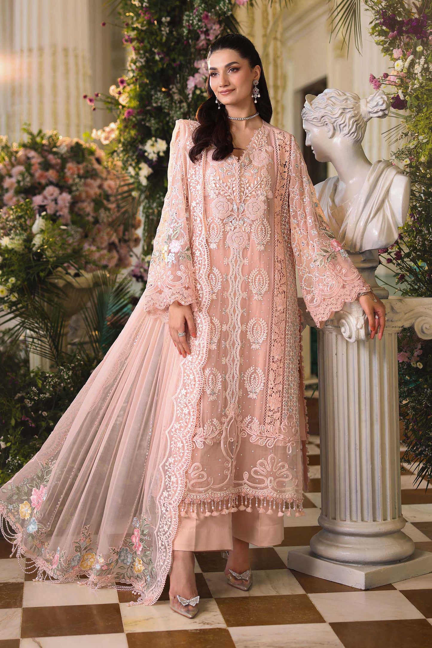 Maria B. | 3 Piece Unstitched Embroidered Chiffon | MPC-26-104-Peach Pink