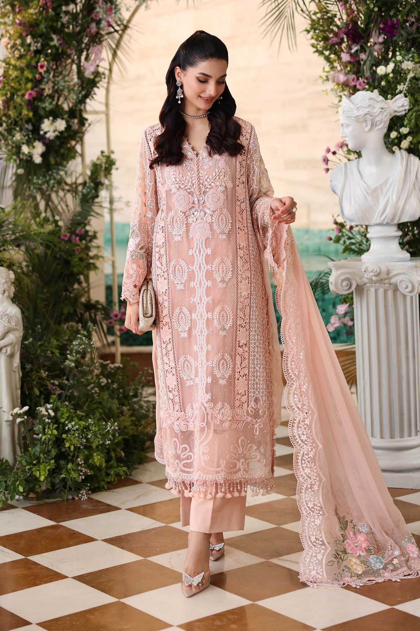 Maria B. | 3 Piece Unstitched Embroidered Chiffon | MPC-26-104-Peach Pink