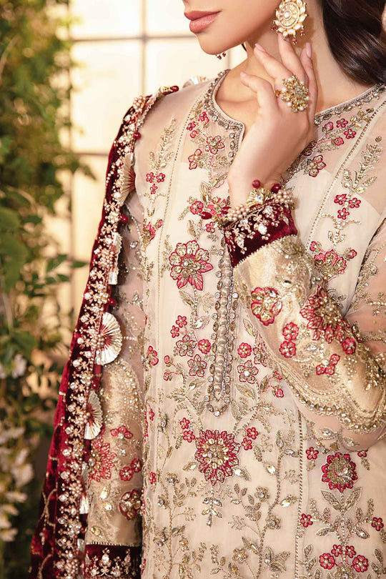 Maria B. | 3 Piece Unstitched Embroidered Organza Suit | BD-2905 - Ivory and Maroon