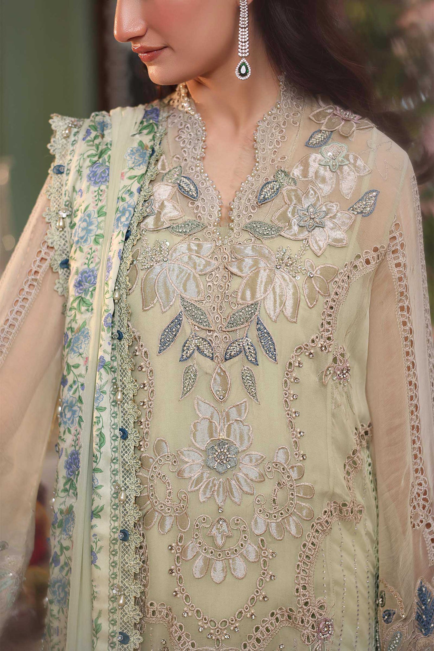 Maria B. | 3 Piece Unstitched Embroidered Chiffon Suit | MPC-26-105-Pistachio Green
