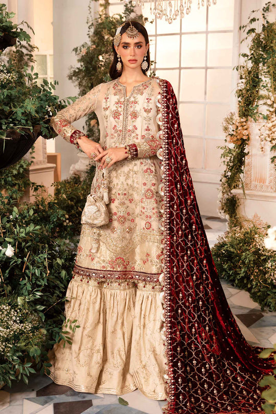 Maria B. | 3 Piece Unstitched Embroidered Organza Suit | BD-2905 - Ivory and Maroon