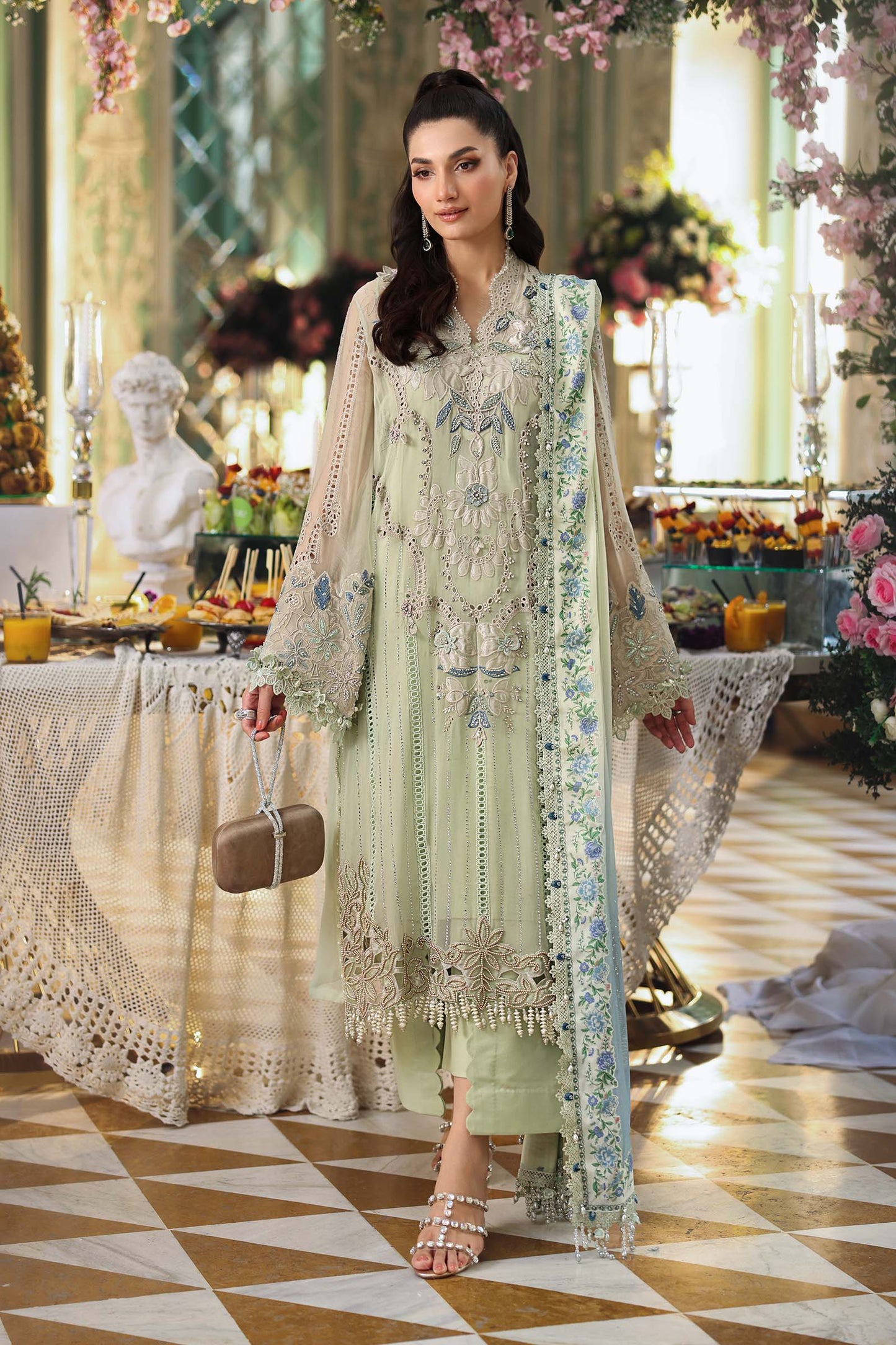 Maria B. | 3 Piece Unstitched Embroidered Chiffon Suit | MPC-26-105-Pistachio Green