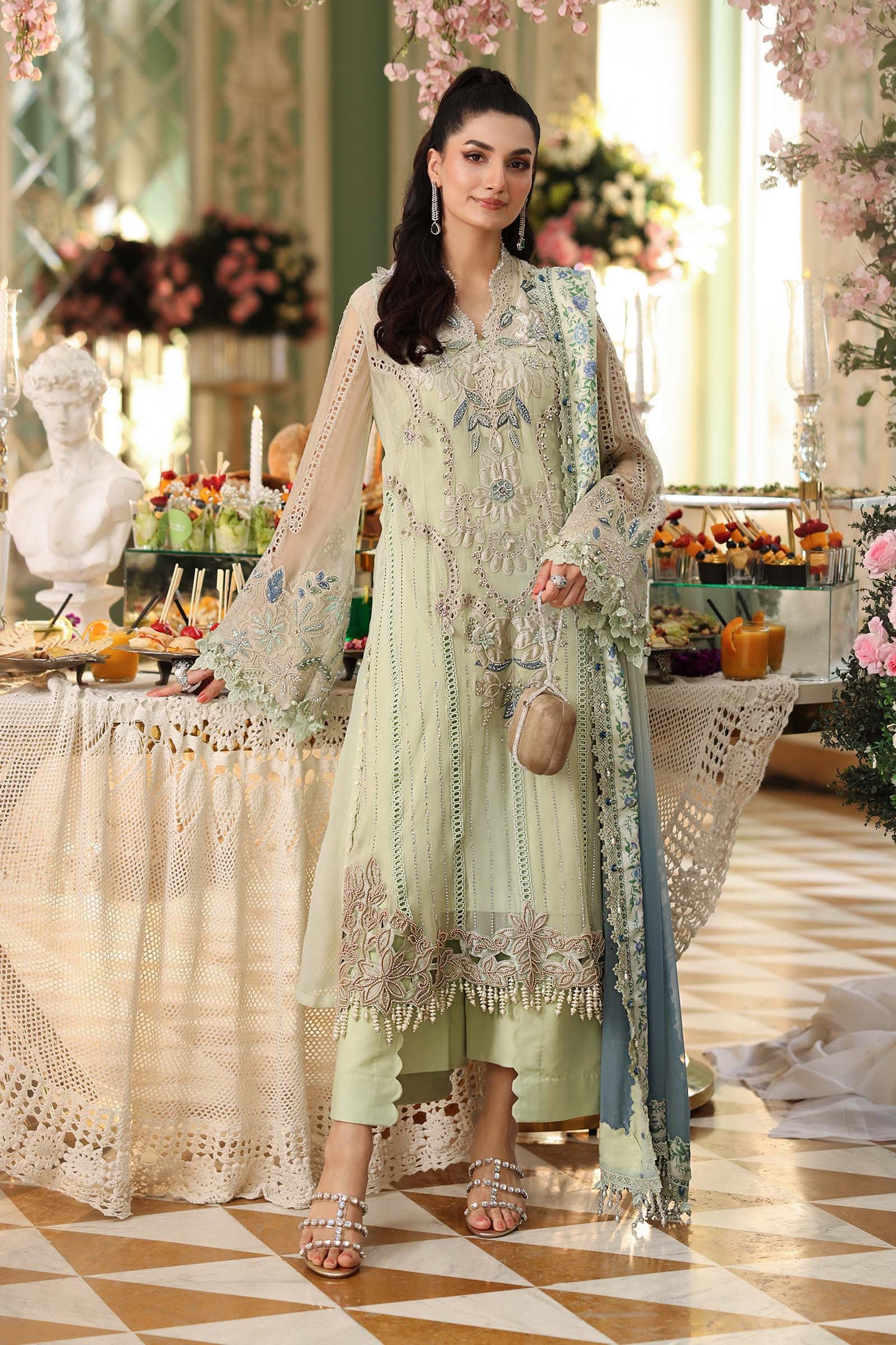 Maria B. | 3 Piece Unstitched Embroidered Chiffon Suit | MPC-26-105-Pistachio Green