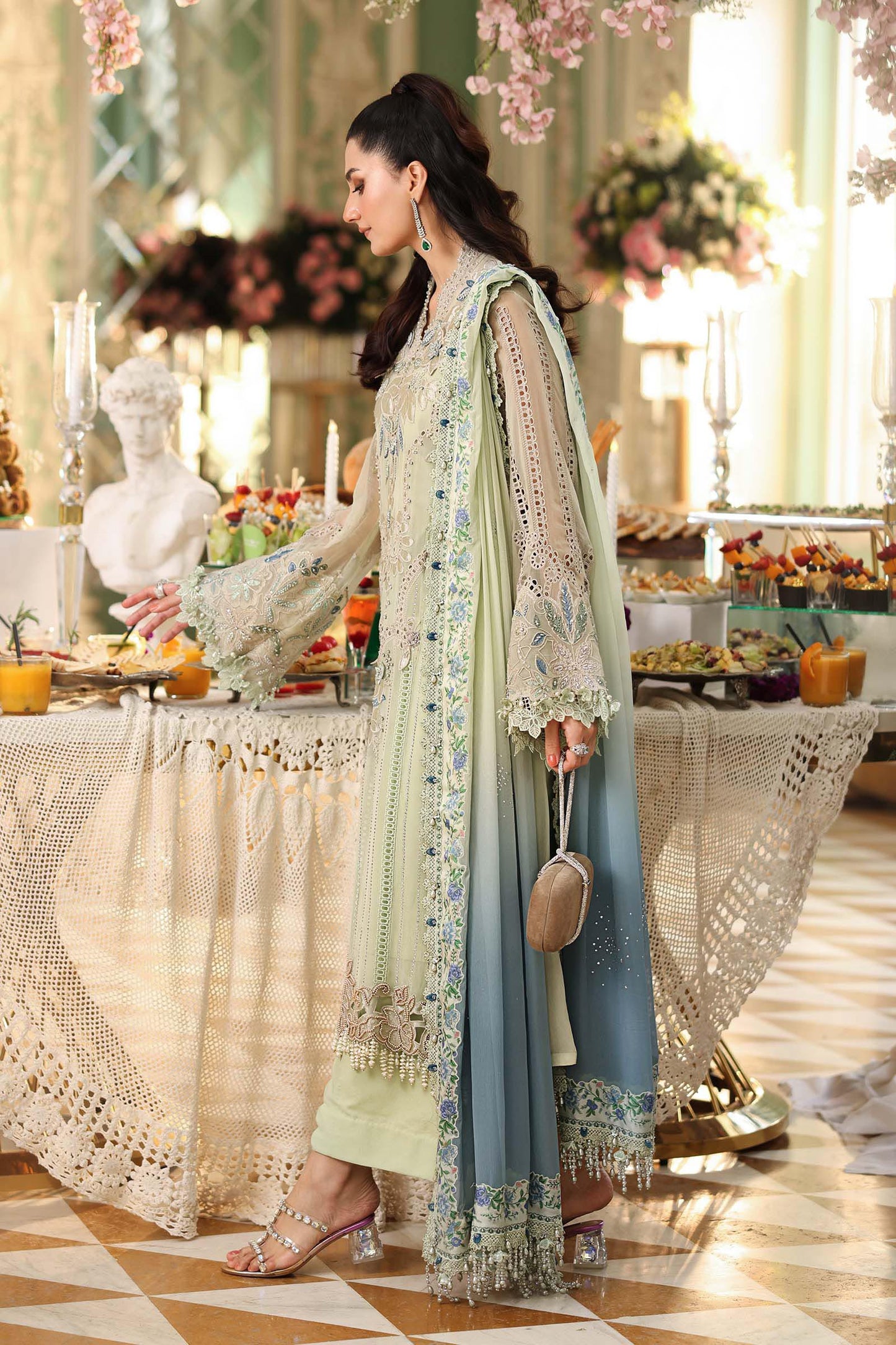 Maria B. | 3 Piece Unstitched Embroidered Chiffon Suit | MPC-26-105-Pistachio Green