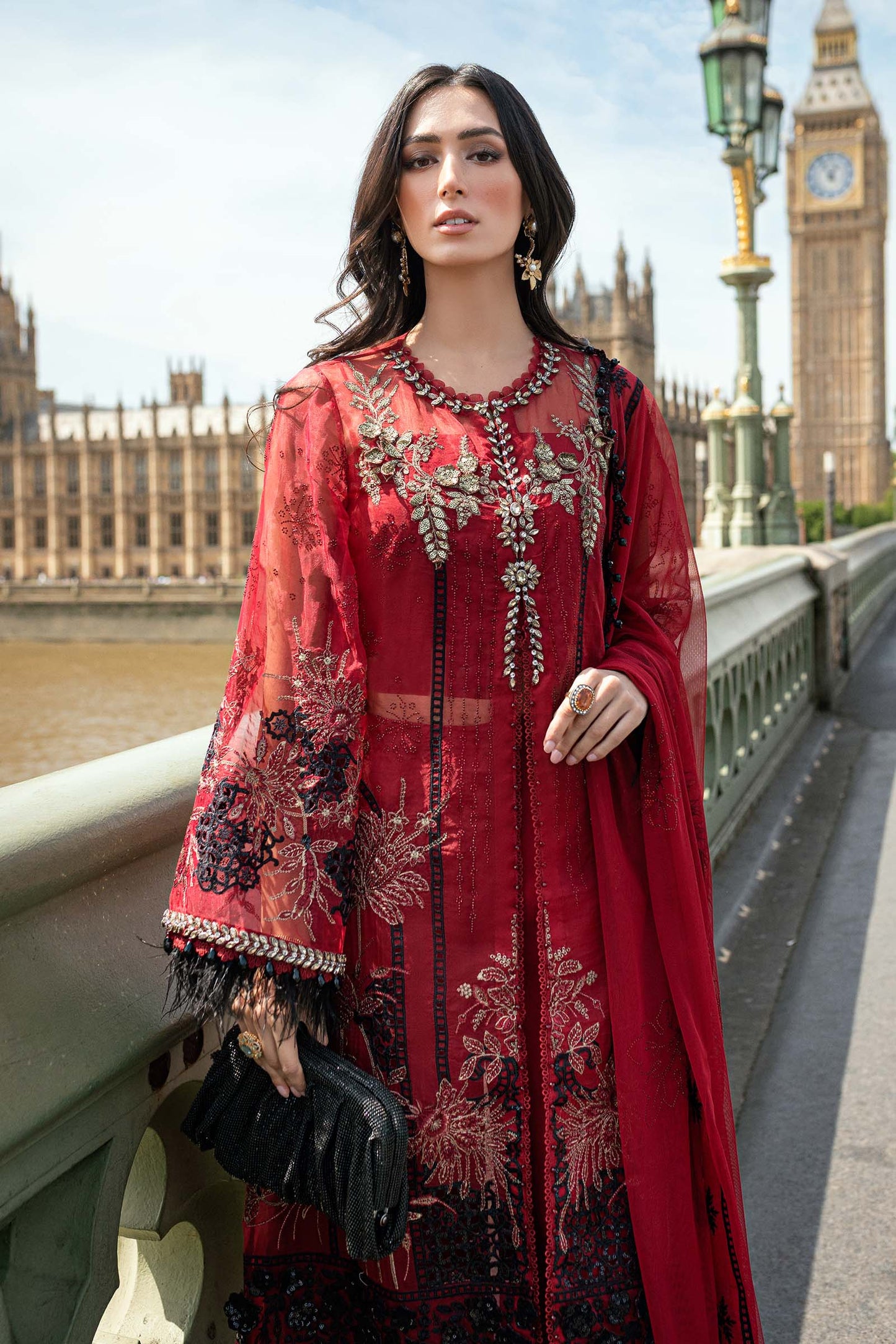 Maria B | 3 Piece Unstitched Embroidered Organza Suit | WF-09-06-Red