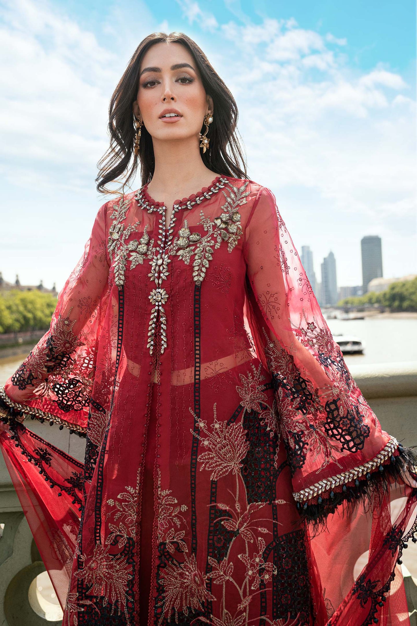 Maria B | 3 Piece Unstitched Embroidered Organza Suit | WF-09-06-Red