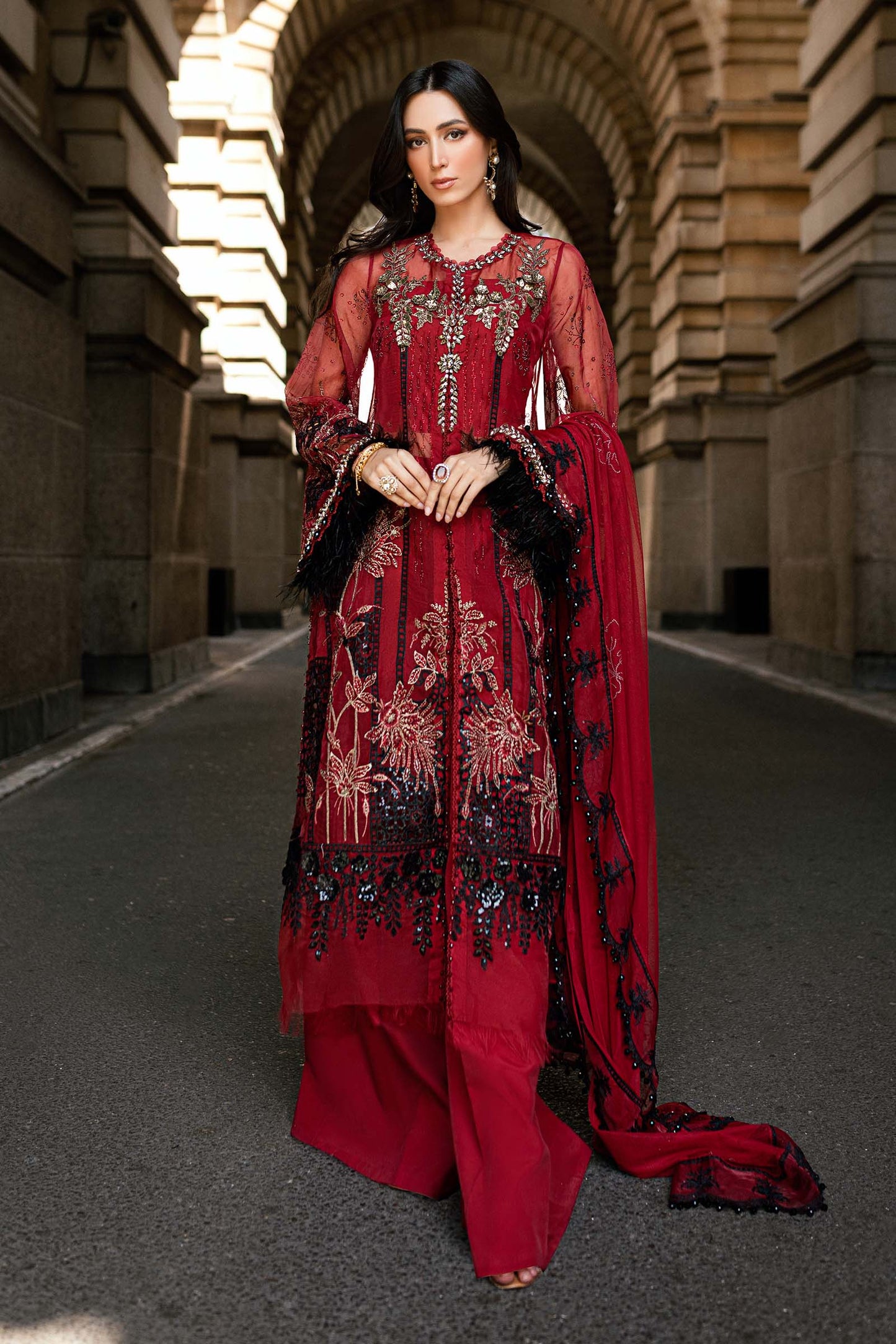 Maria B | 3 Piece Unstitched Embroidered Organza Suit | WF-09-06-Red