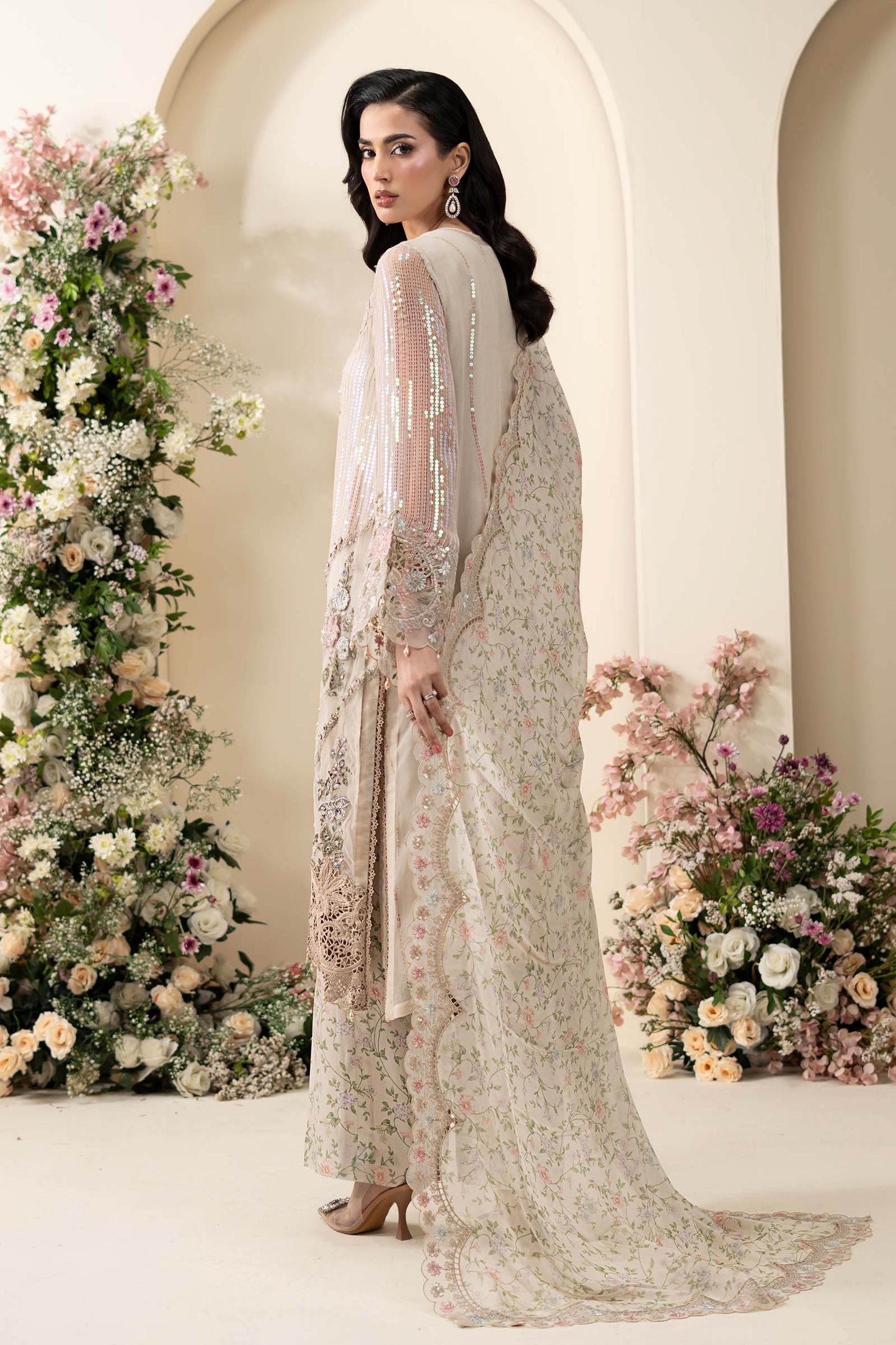 Maria B. | 3 Piece Embroidered Chiffon Suit | MCS-26-107-Ivory Beige