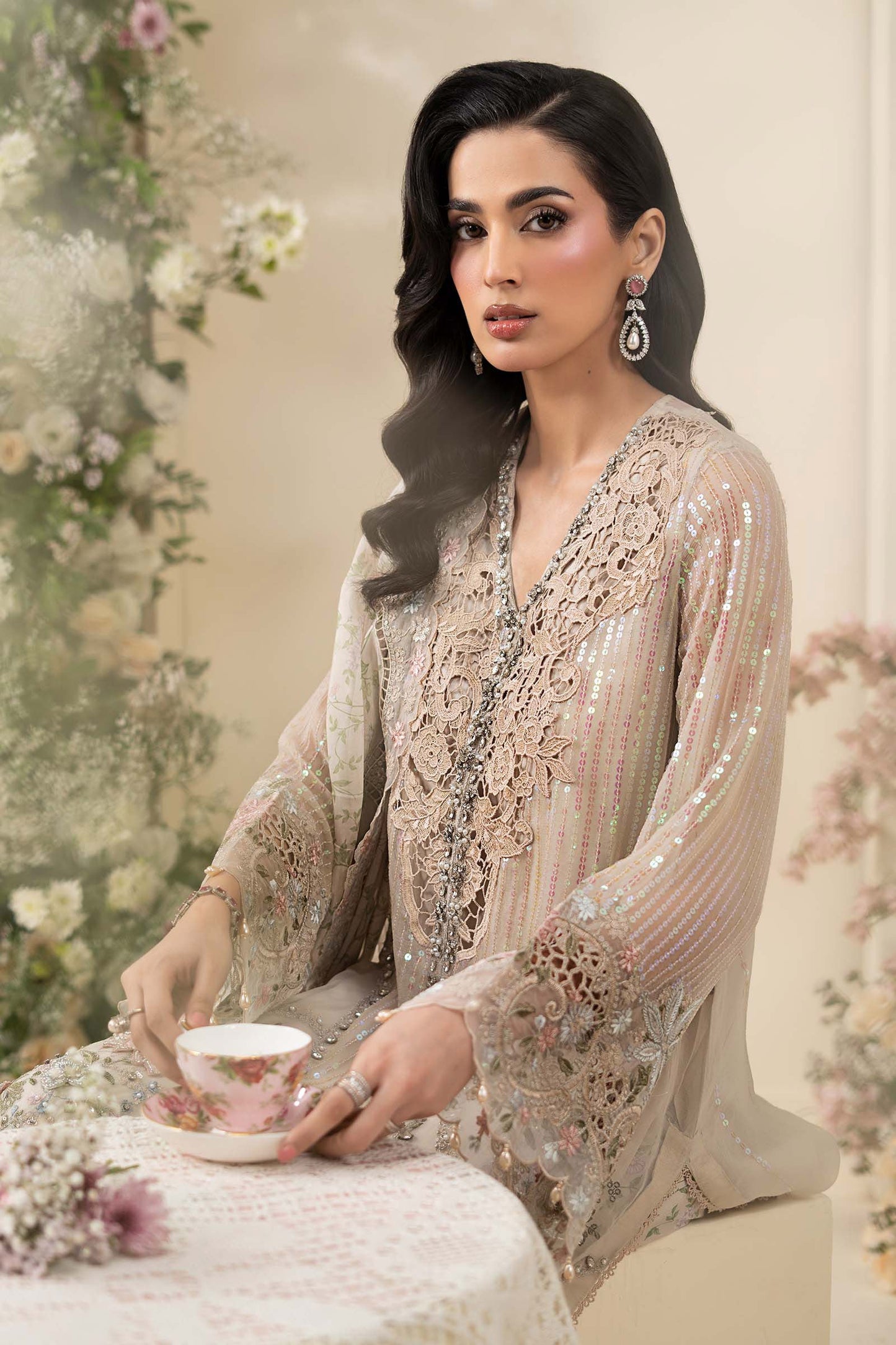 Maria B. | 3 Piece Embroidered Chiffon Suit | MCS-26-107-Ivory Beige