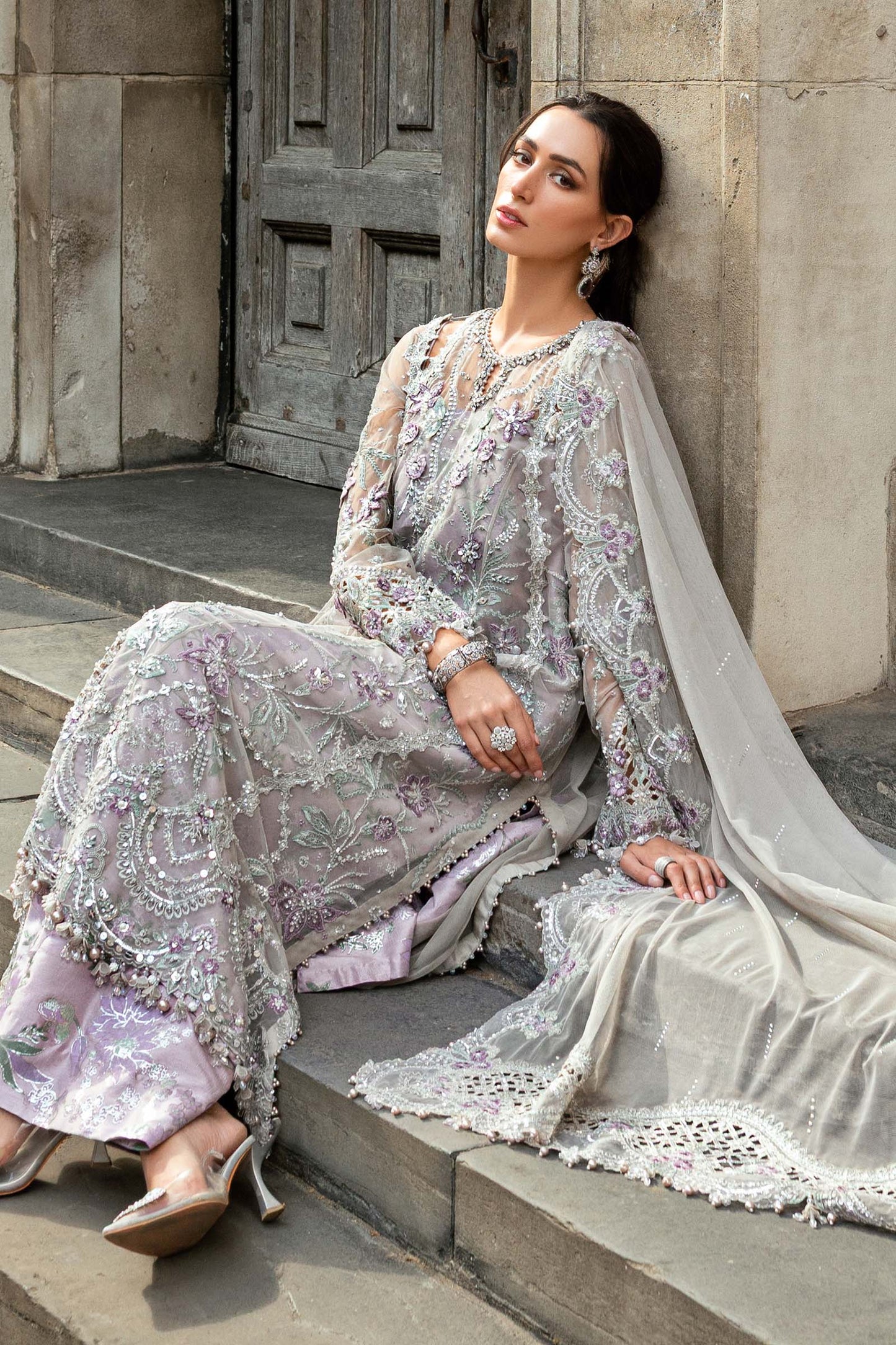 Maria B. | 3 Piece Unstitched Embroidered Net Suit Organza | WF-09-07-Grey
