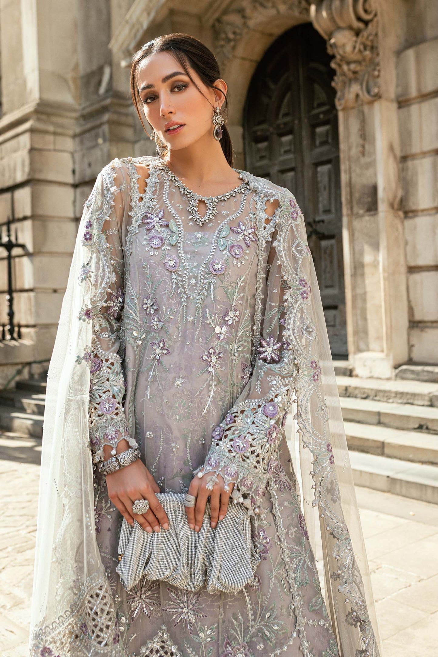 Maria B. | 3 Piece Unstitched Embroidered Net Suit Organza | WF-09-07-Grey