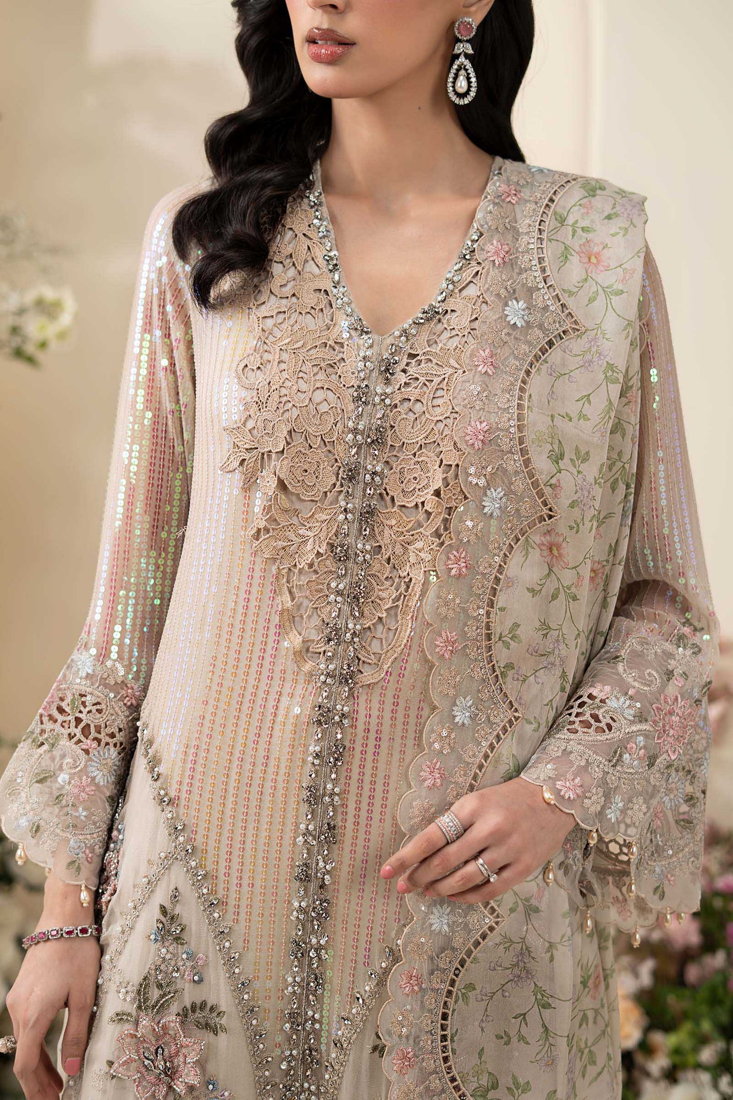 Maria B. | 3 Piece Embroidered Chiffon Suit | MCS-26-107-Ivory Beige