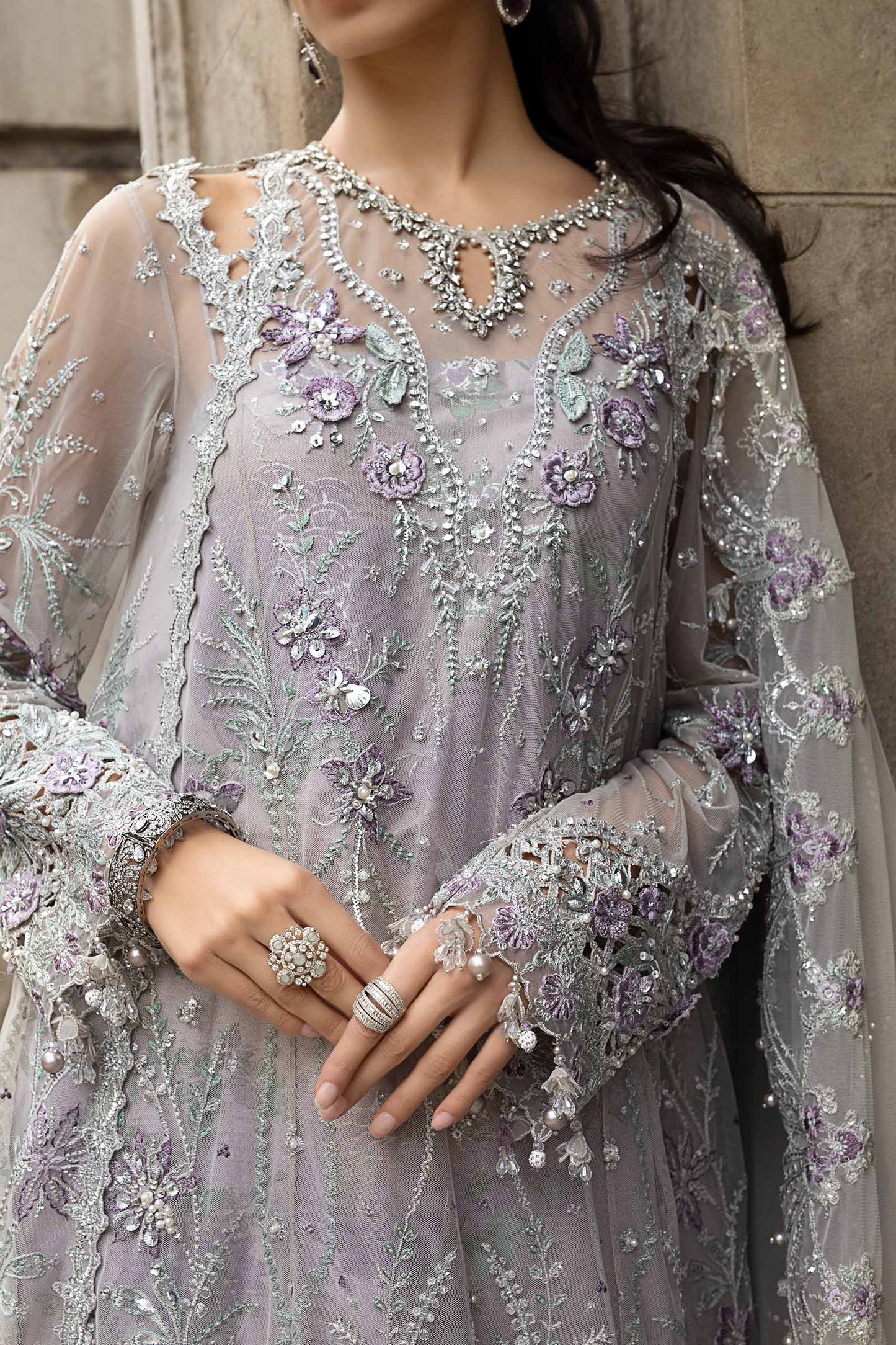 Maria B. | 3 Piece Unstitched Embroidered Net Suit Organza | WF-09-07-Grey