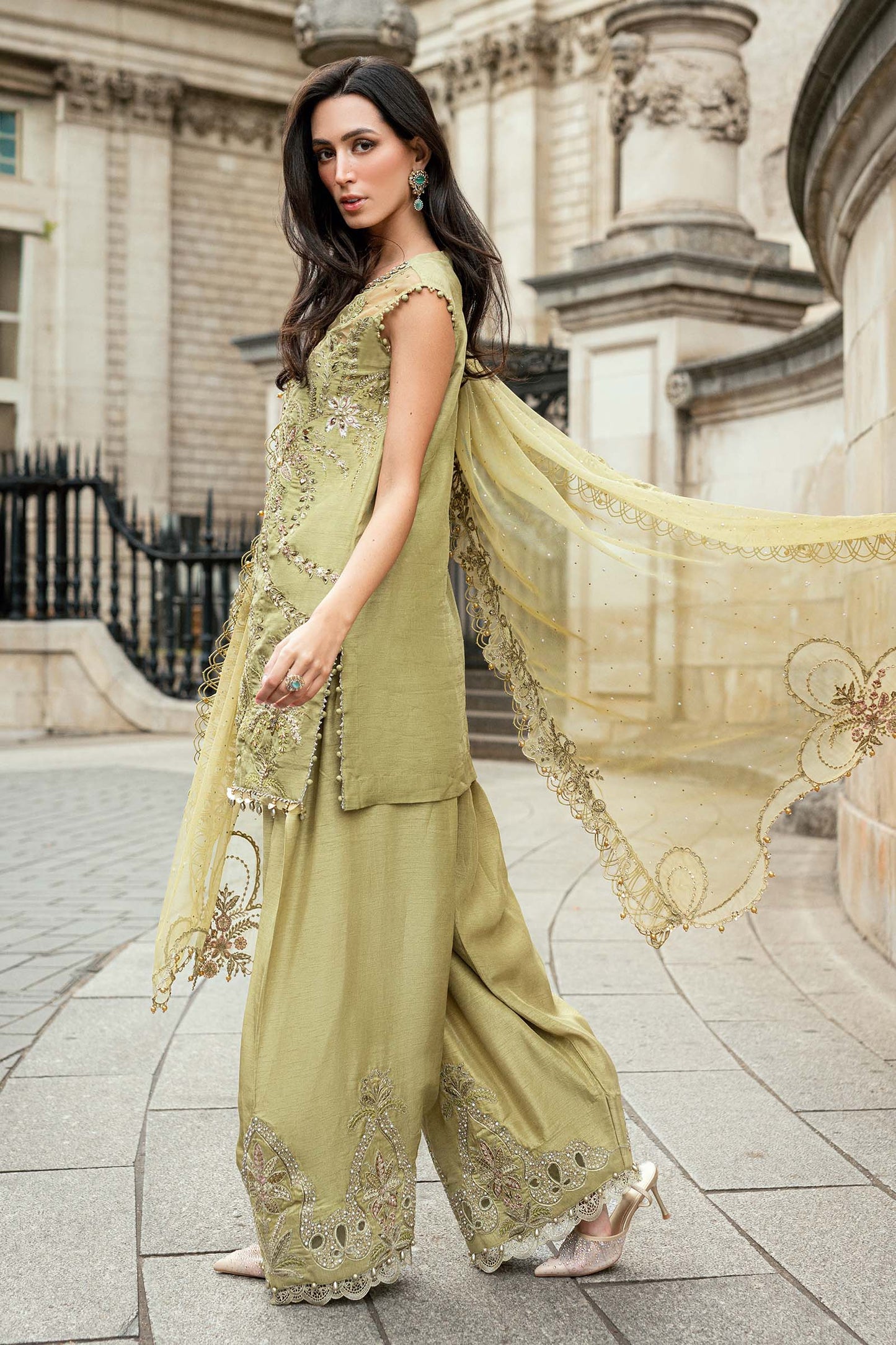 Maria B. | 3 Piece Unstitched Embroidered Raw Silk Suit | WF-09-08-Olive Green
